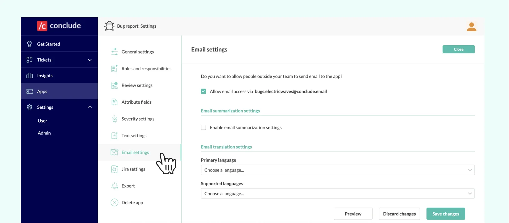email settings web dashboard