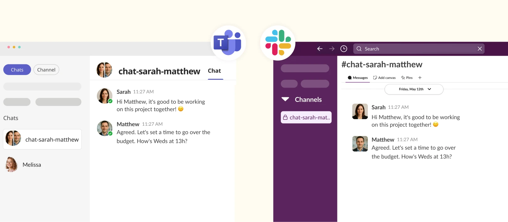 connect teams chats and slack channels internally