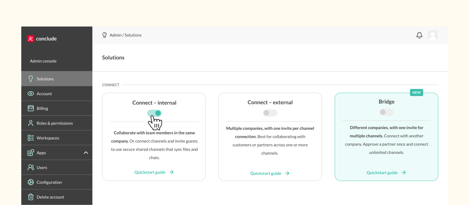 solutions tab admin console conclude connect internal