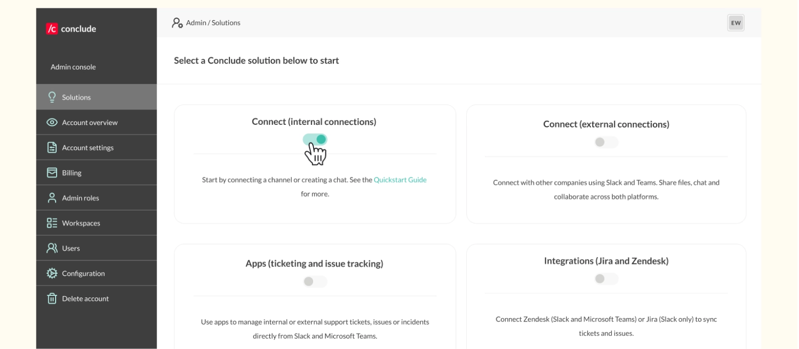 solutions tab admin console conclude connect internal