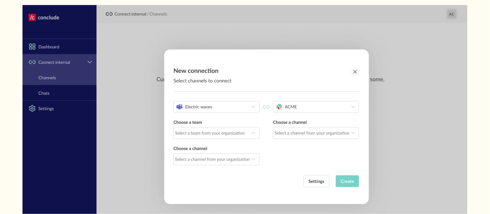 create new connection slack and teams