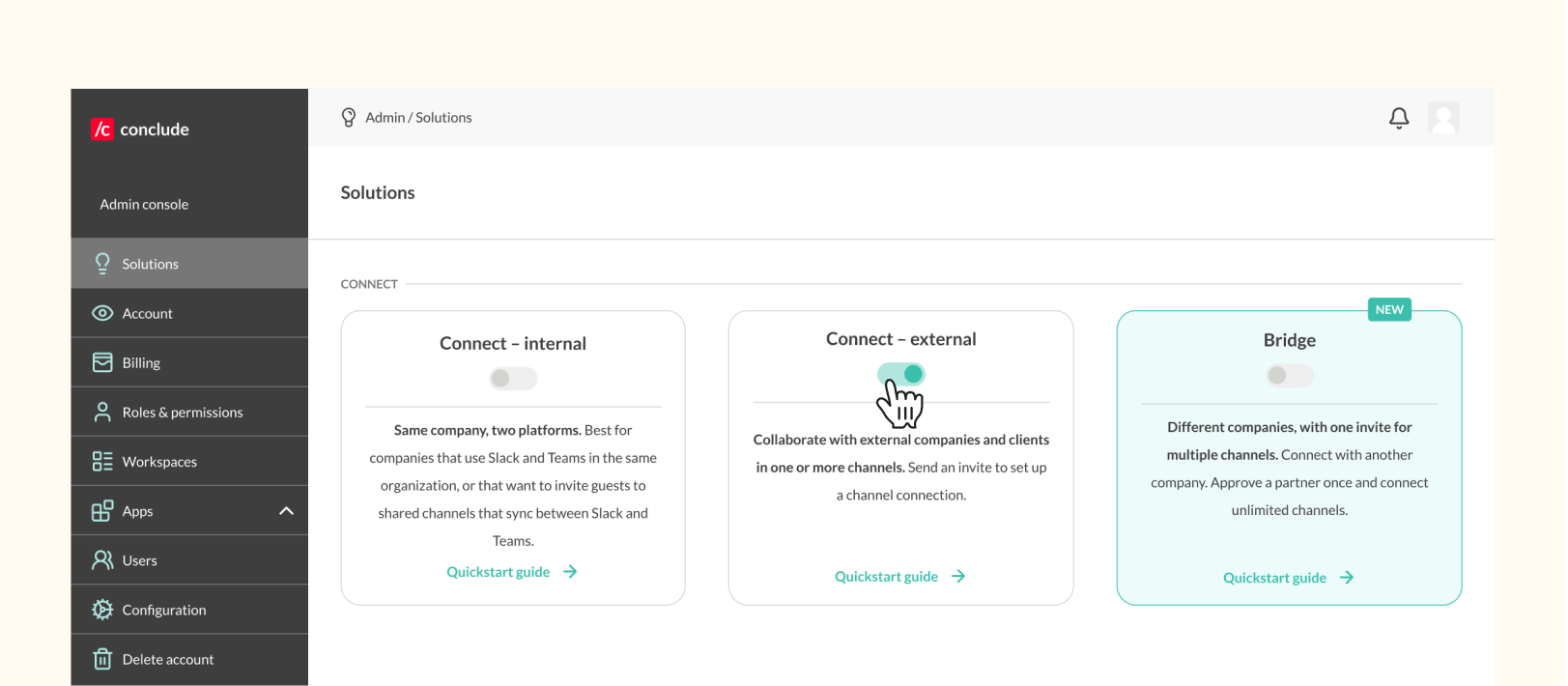 solutions tab admin console connect external connections