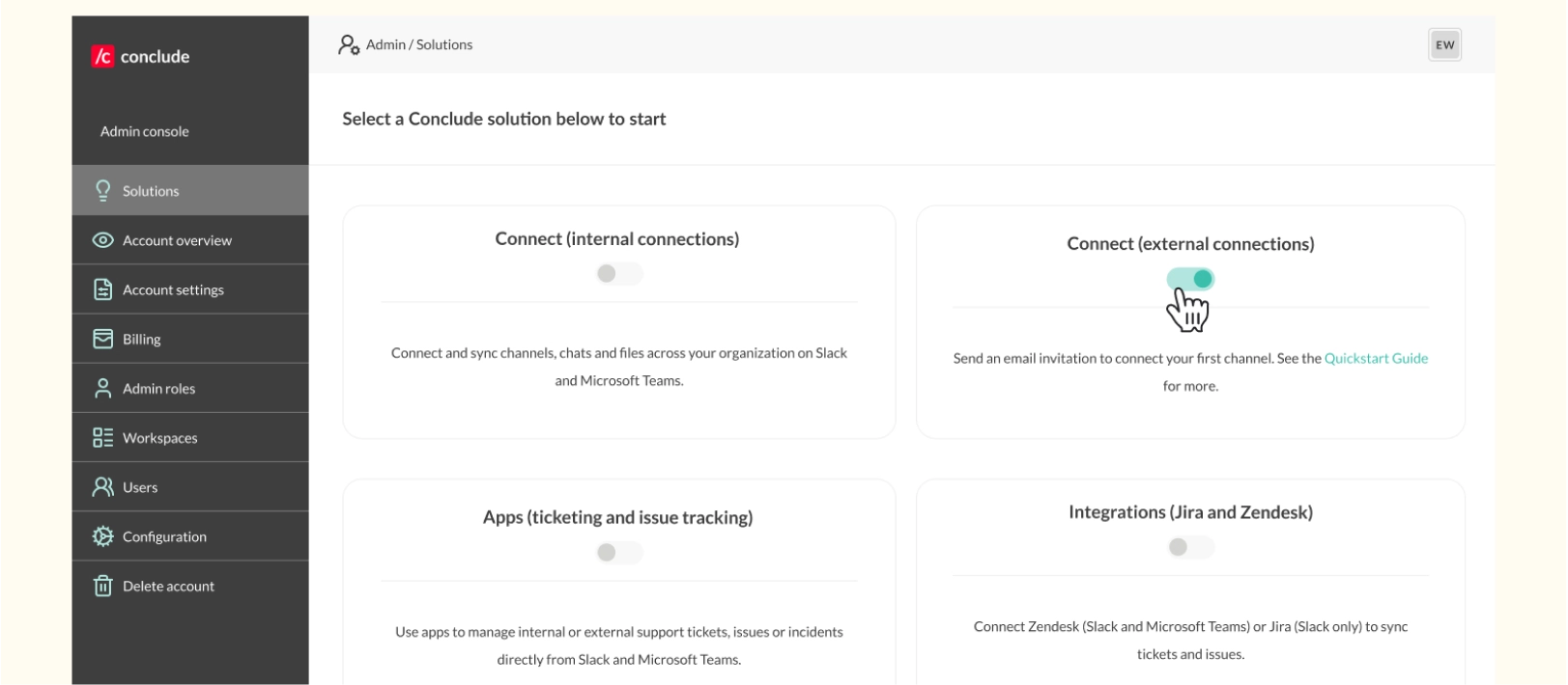 solutions tab admin console connect external connections