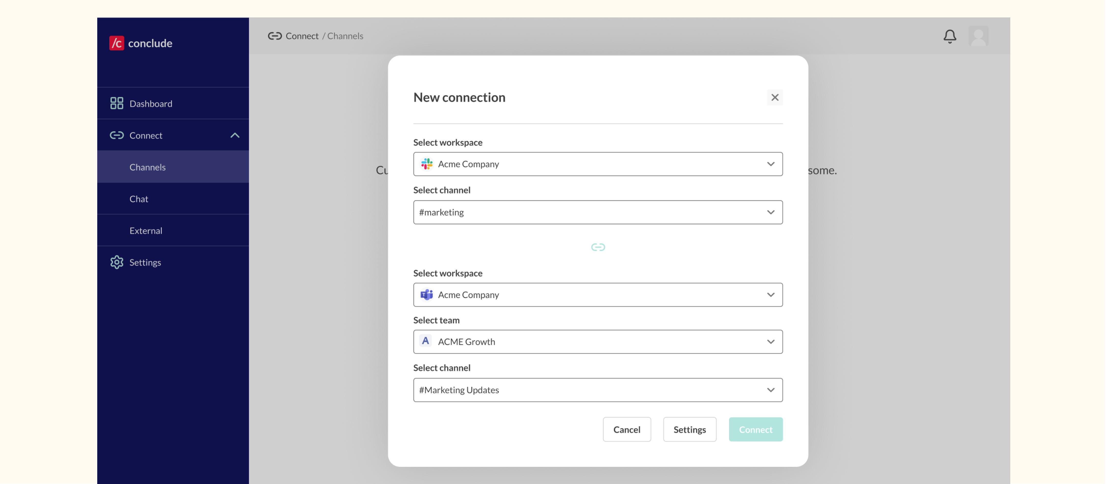 Internal channel connection setup