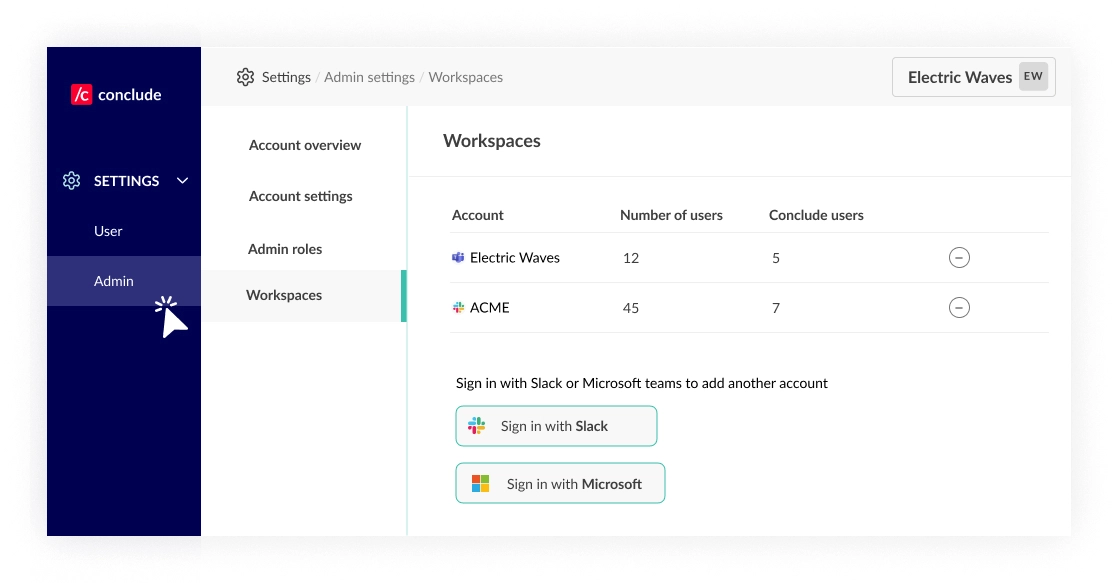 Manage your workspaces from the Conclude Dashboard