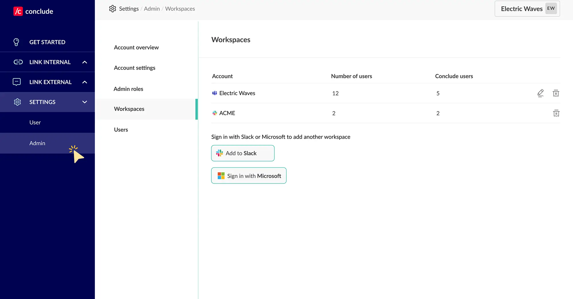 Manage your workspaces from the Conclude Dashboard