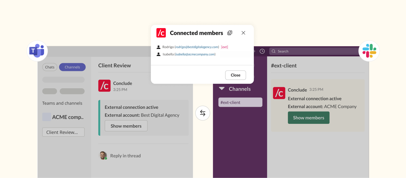 external connection active between Slack and Teams