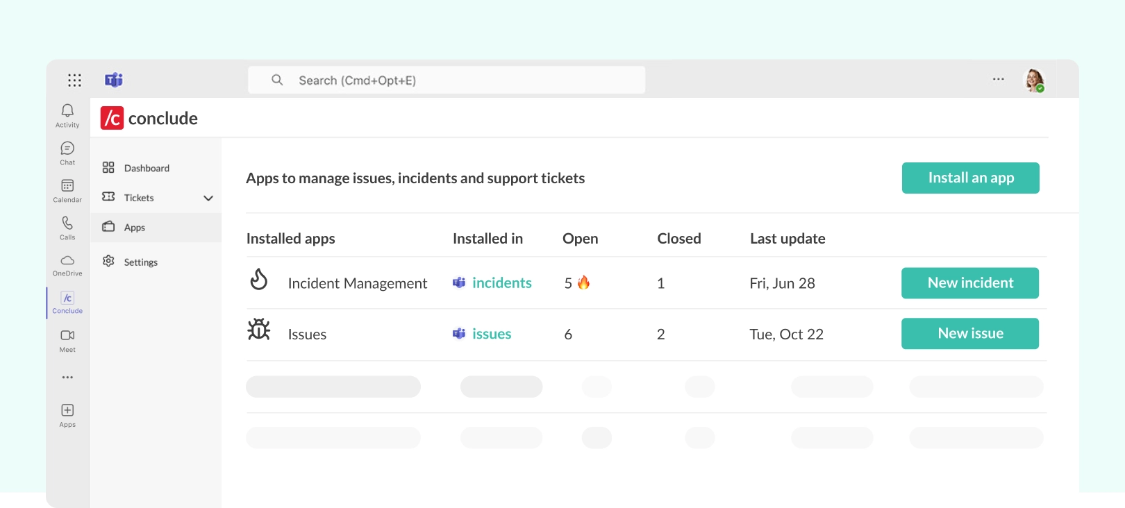 view of conclude apps from teams ui