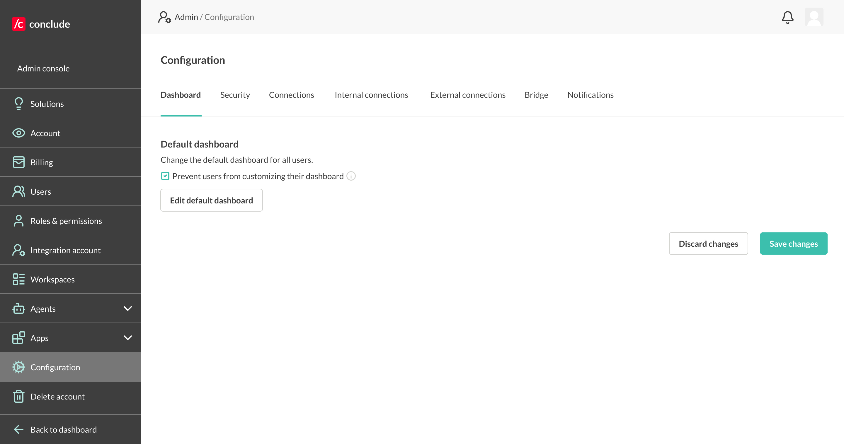 the dashboard tab where the default layout is edited