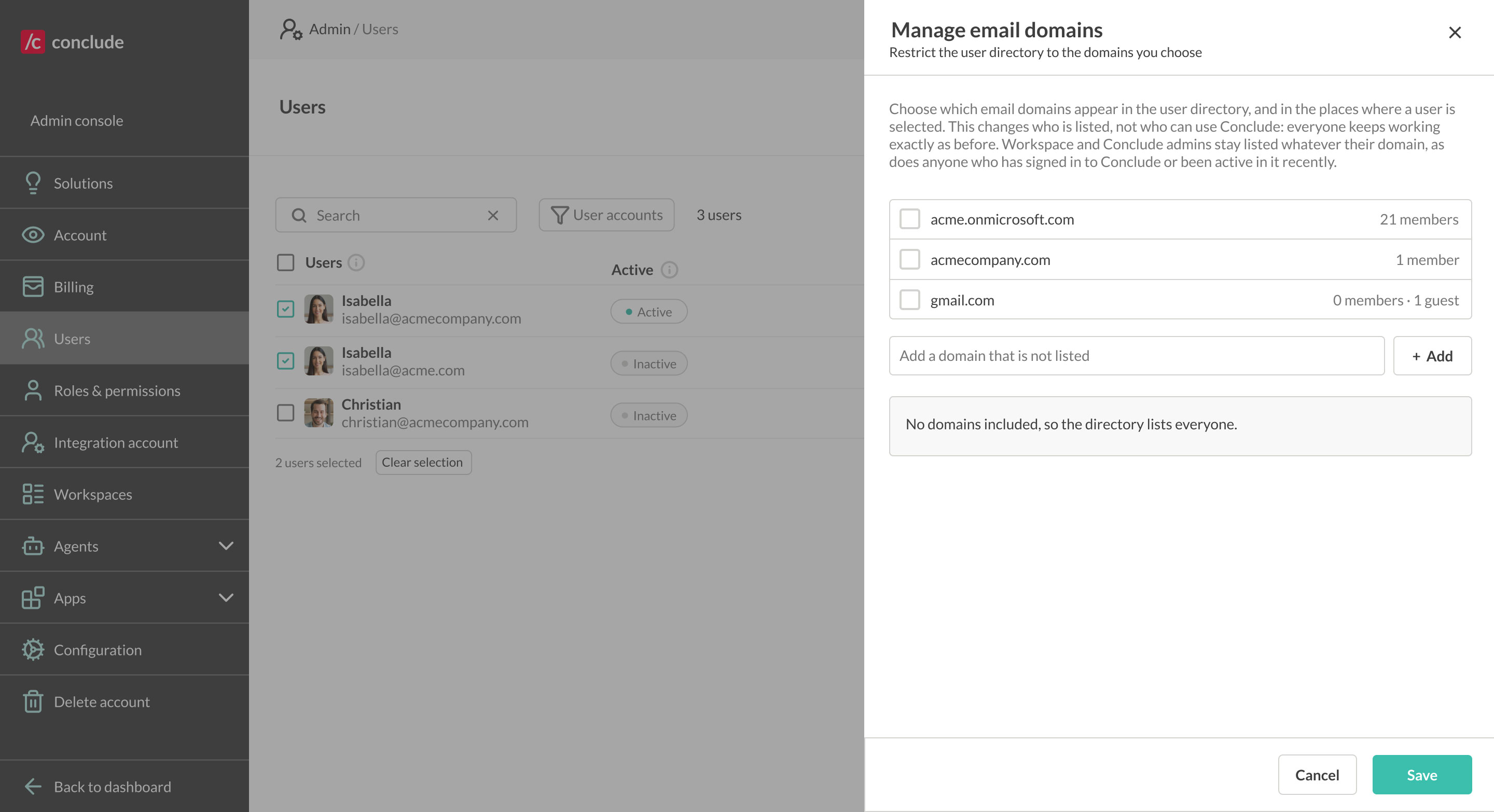 the users section where email domains are managed