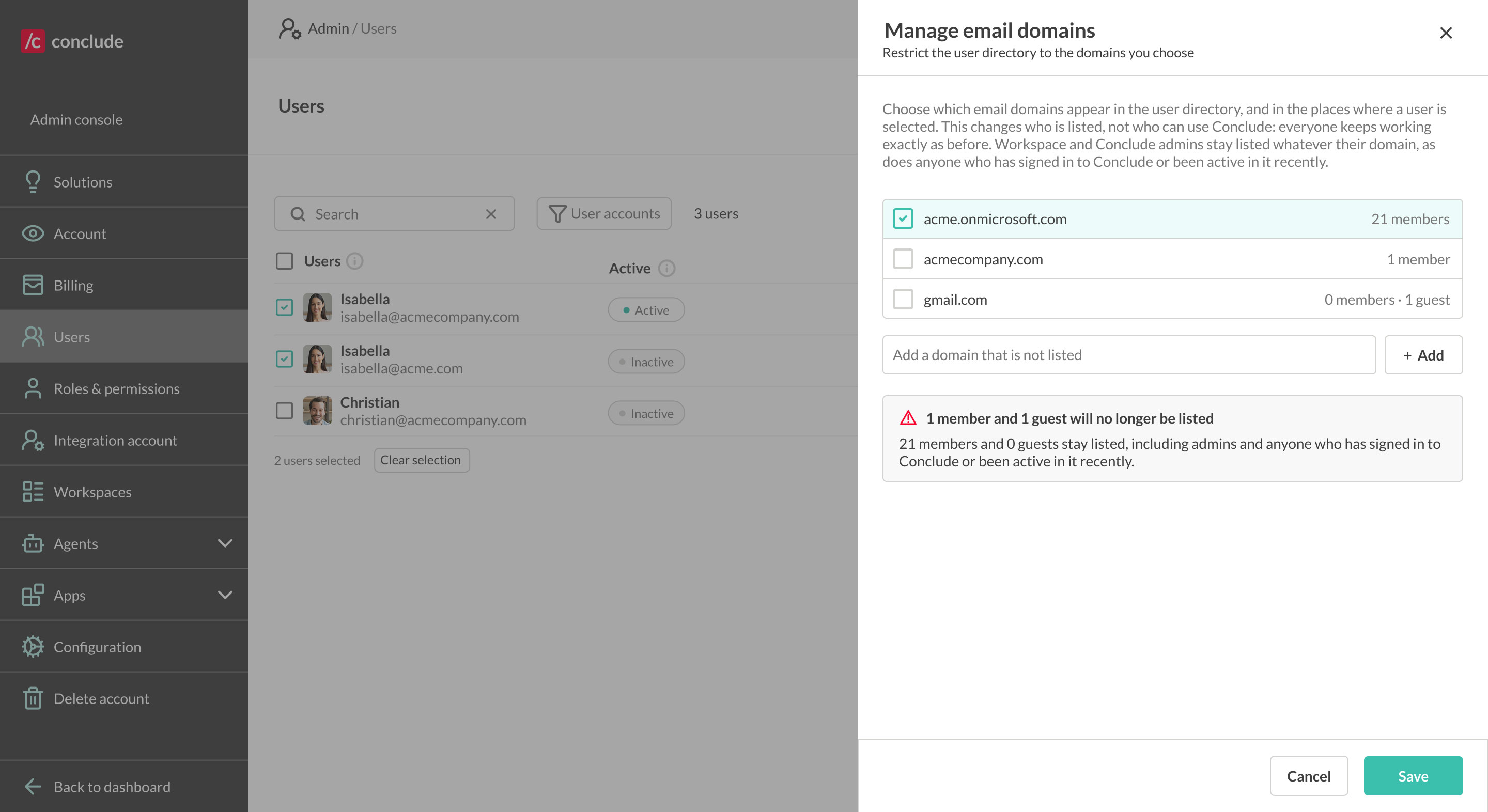 choosing which email domains count as internal