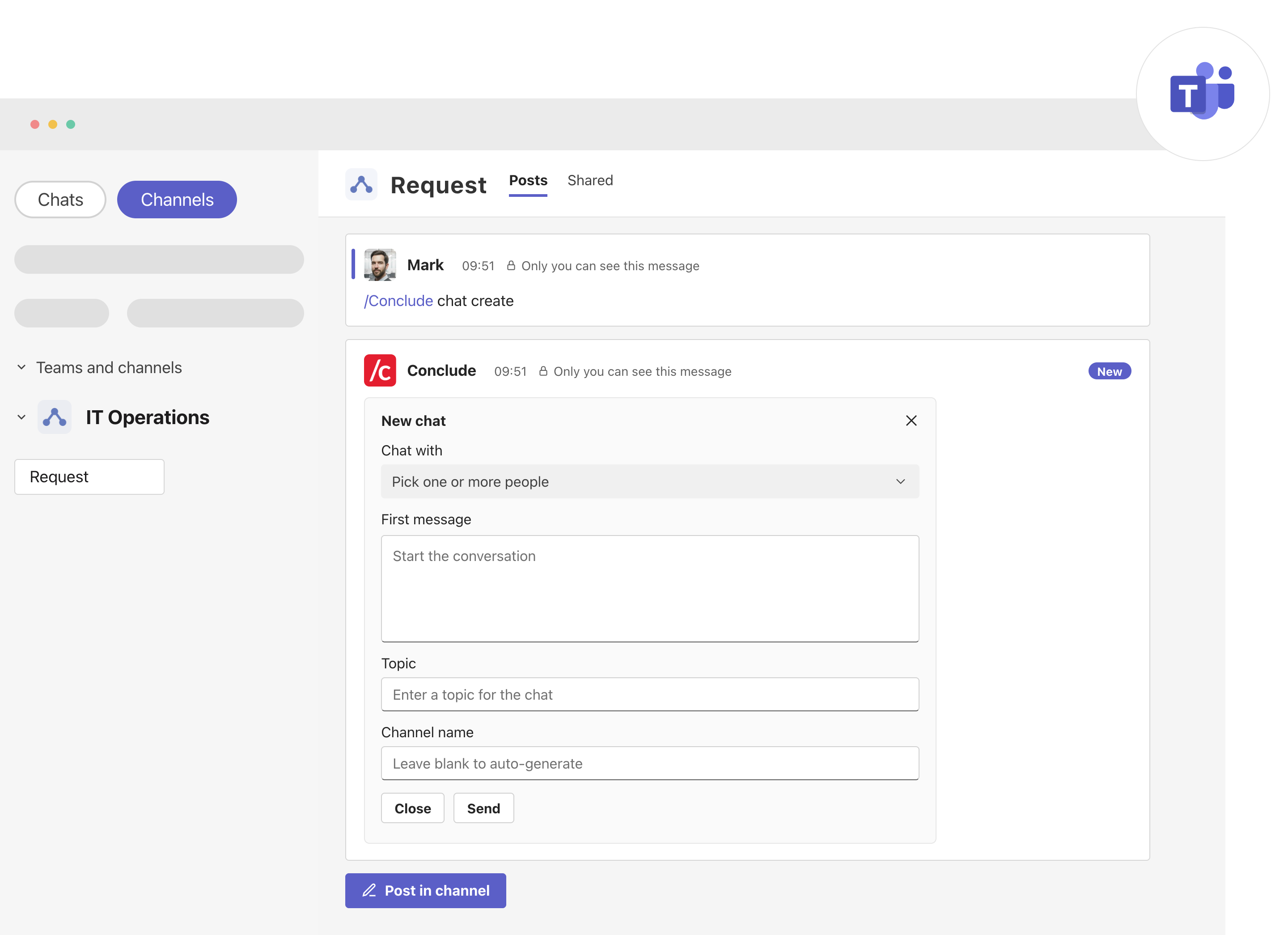 new chat form in teams with fields for people first message topic and channel name
