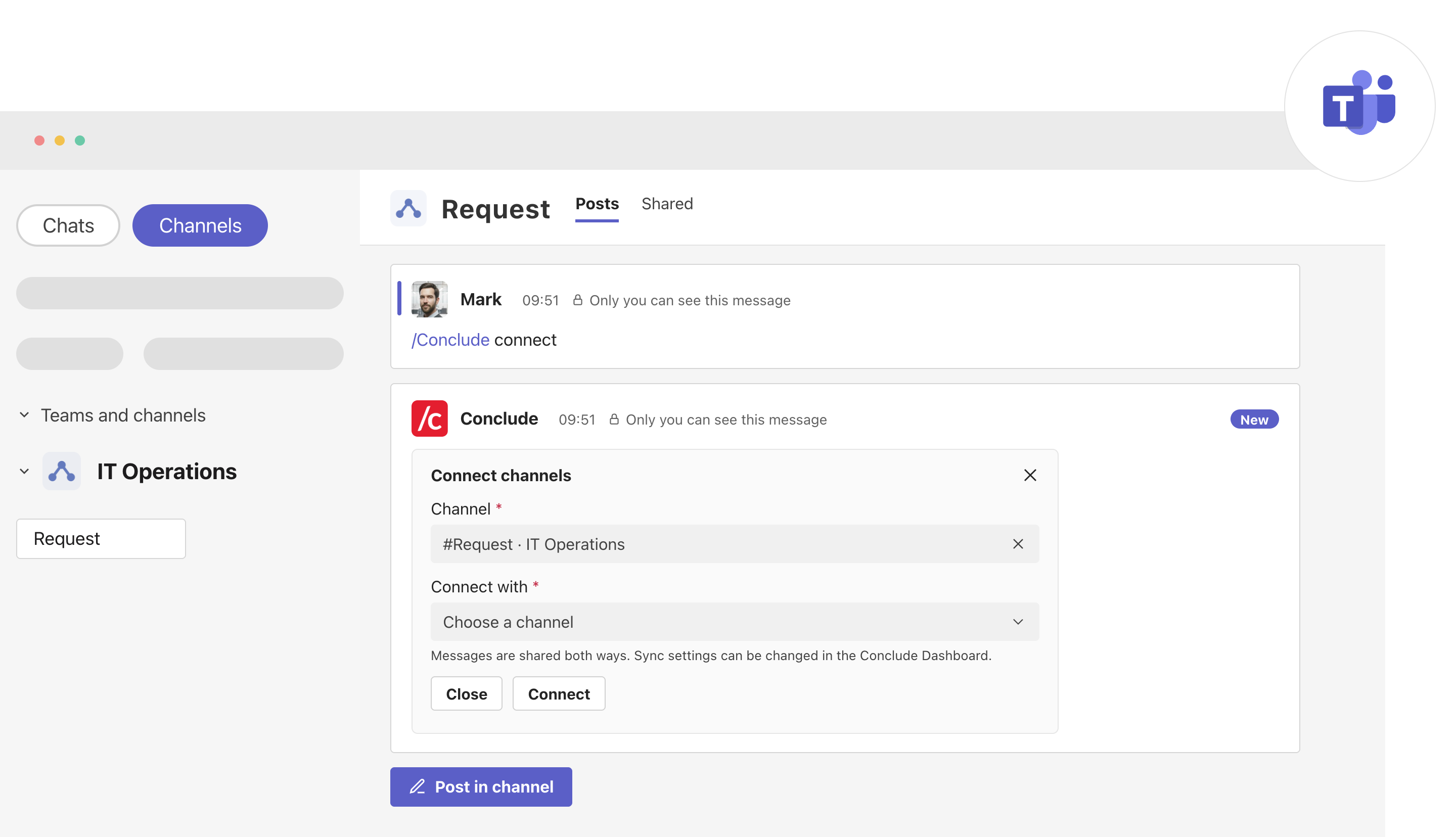connect channels card in teams with the current channel filled in and a channel picker to connect with