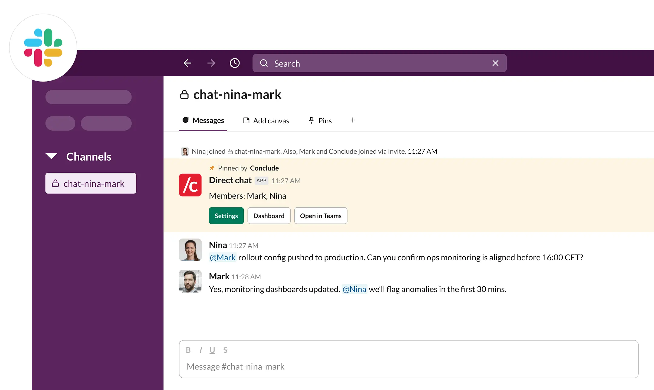 slack channel with conclude direct chat