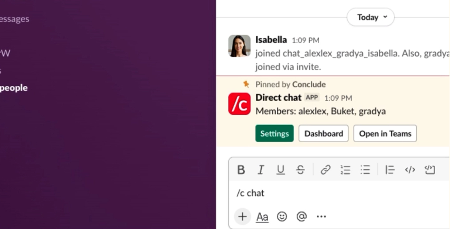 Slack channel with Conclude direct chat