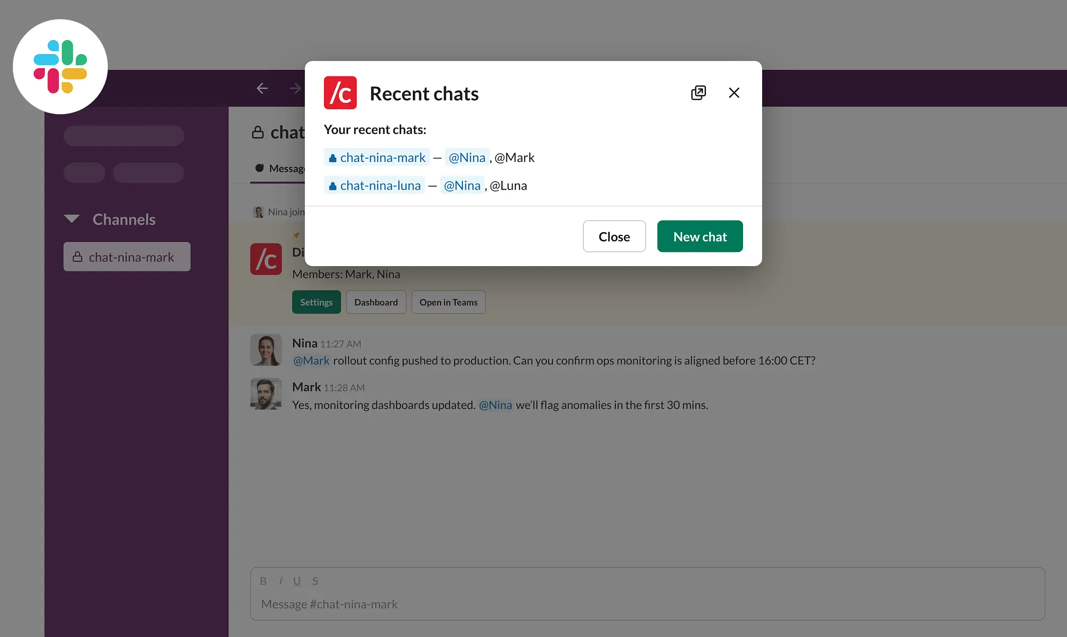 conclude recent chats modal in slack showing two private channels
