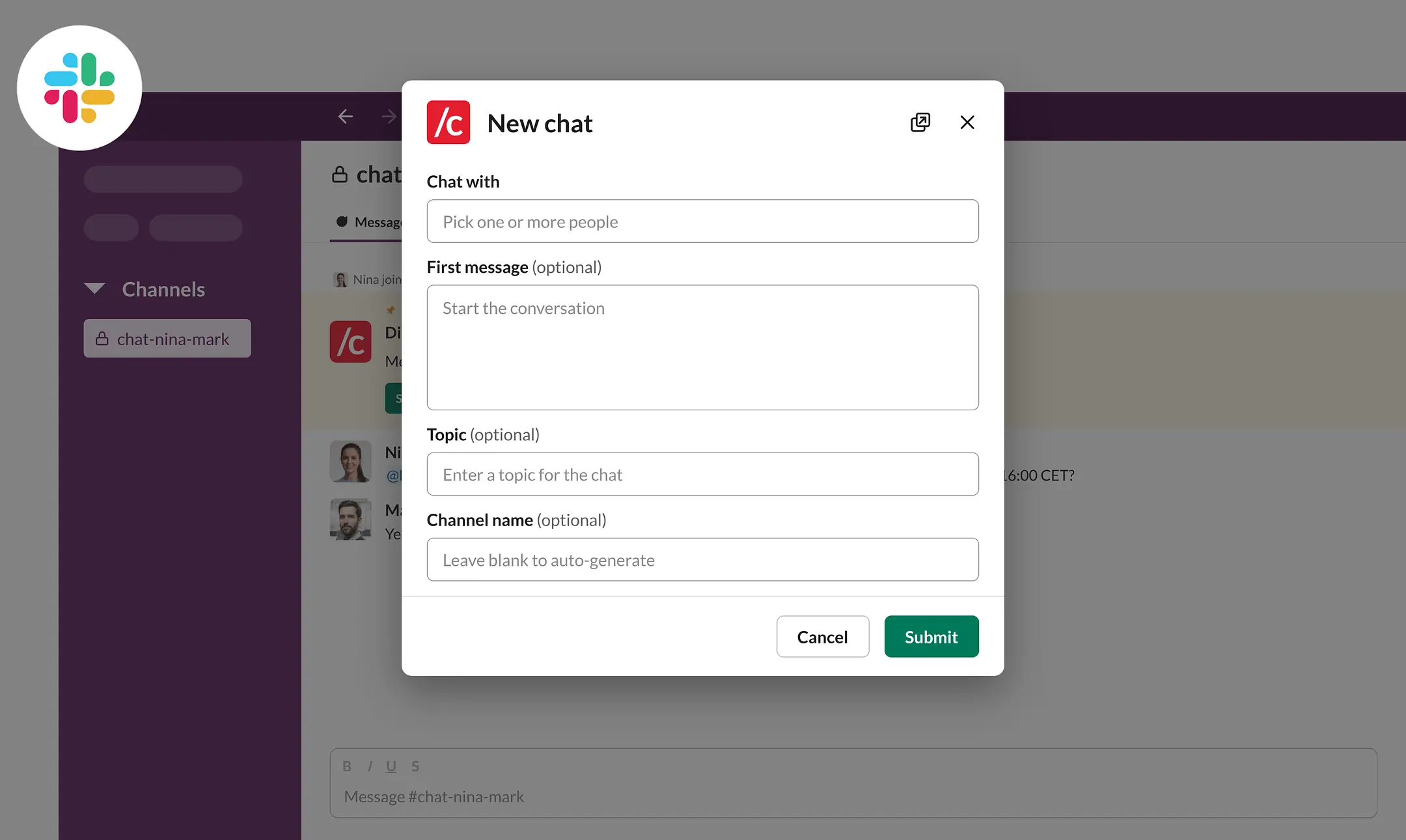 conclude new chat modal in slack with empty form fields