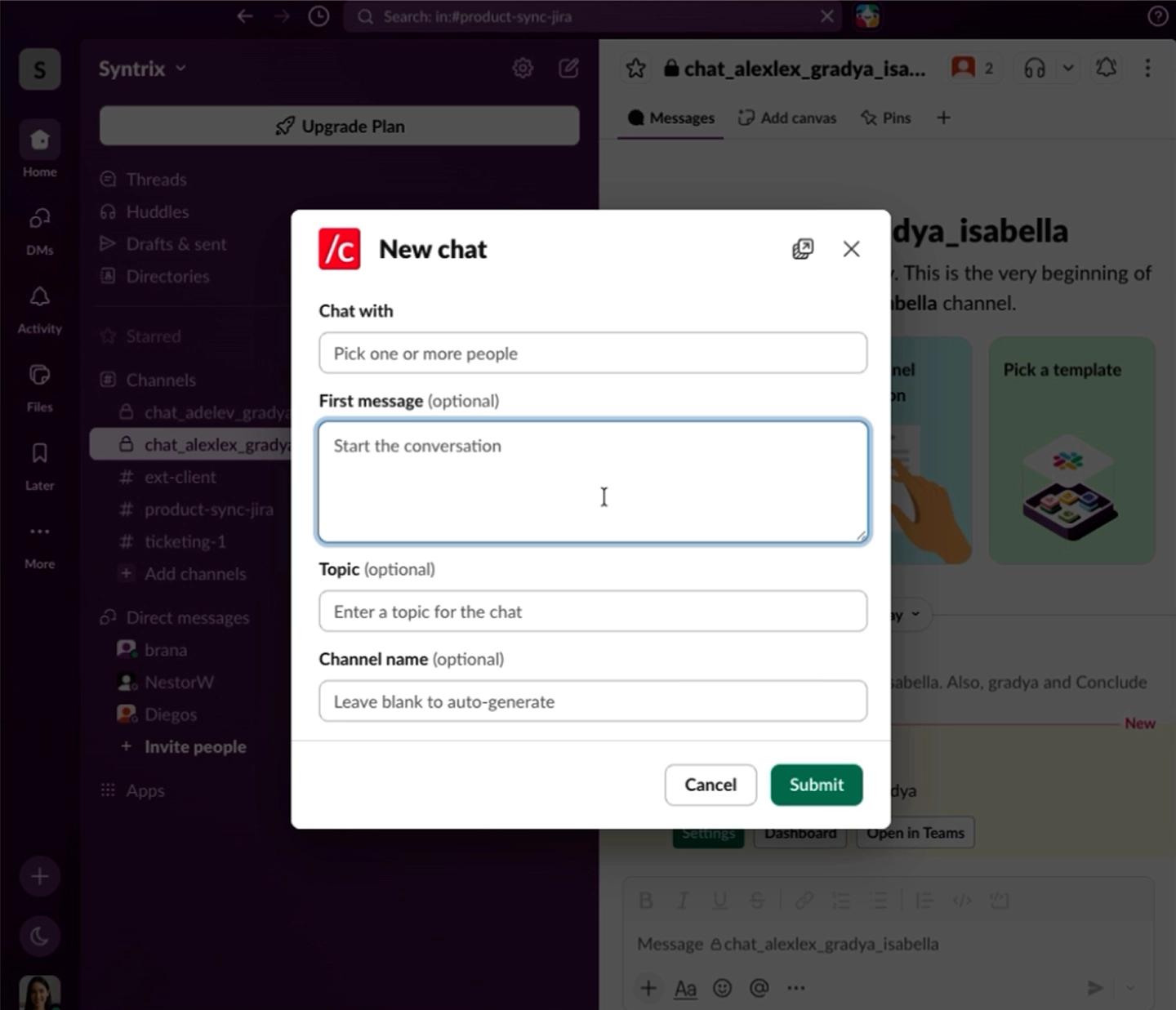 Conclude new chat modal in Slack with empty form fields