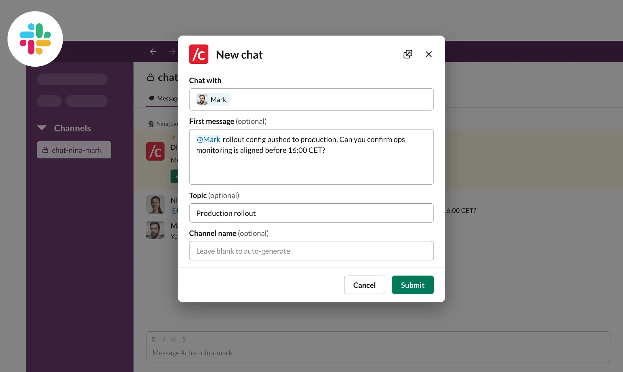 conclude new chat modal with three members selected and a first message typed