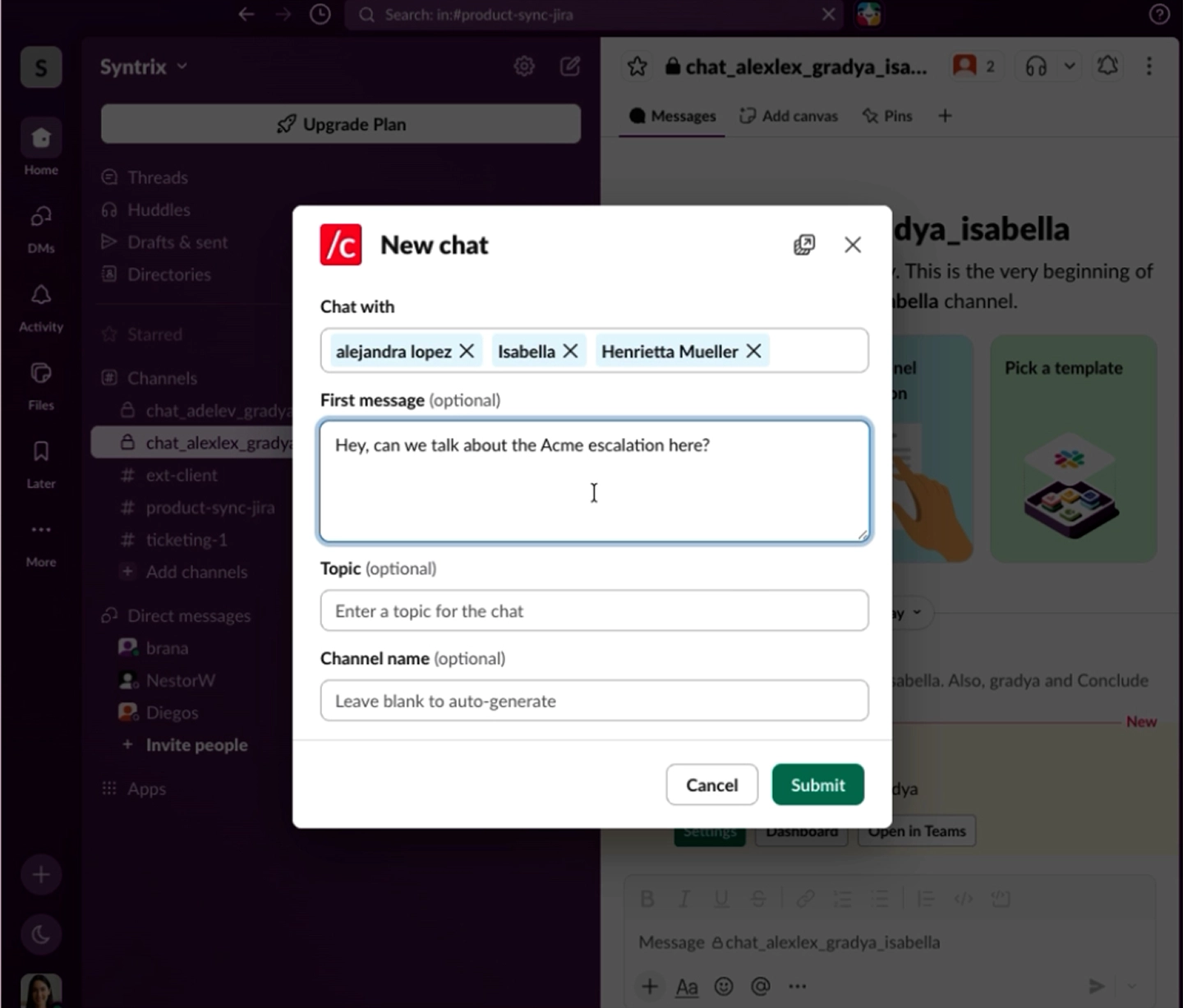 Conclude new chat modal with three members selected and a first message typed