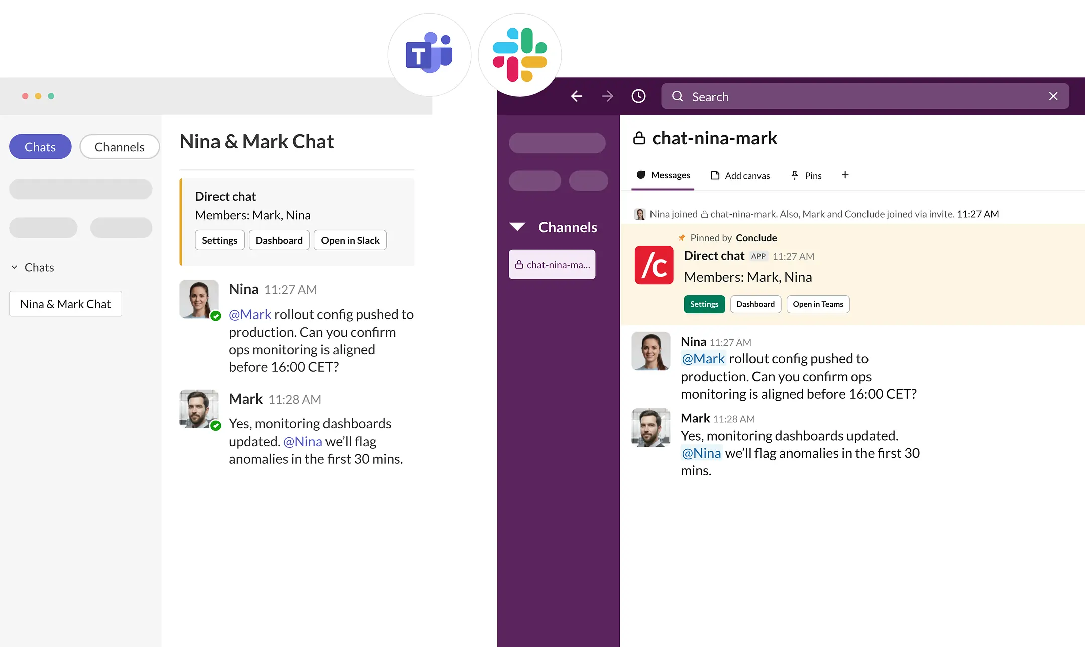 slack and microsoft teams showing a synchronized cross platform group chat