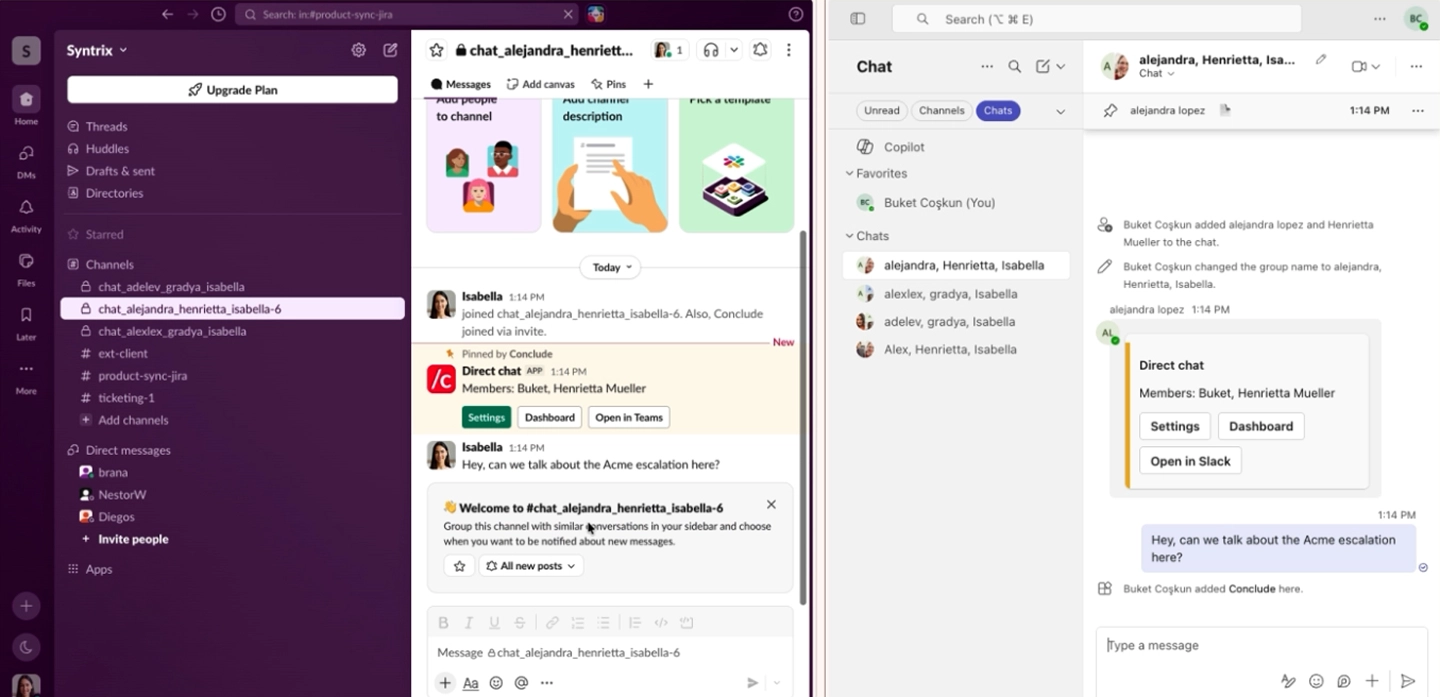 Slack and Microsoft Teams showing a synchronized cross-platform group chat