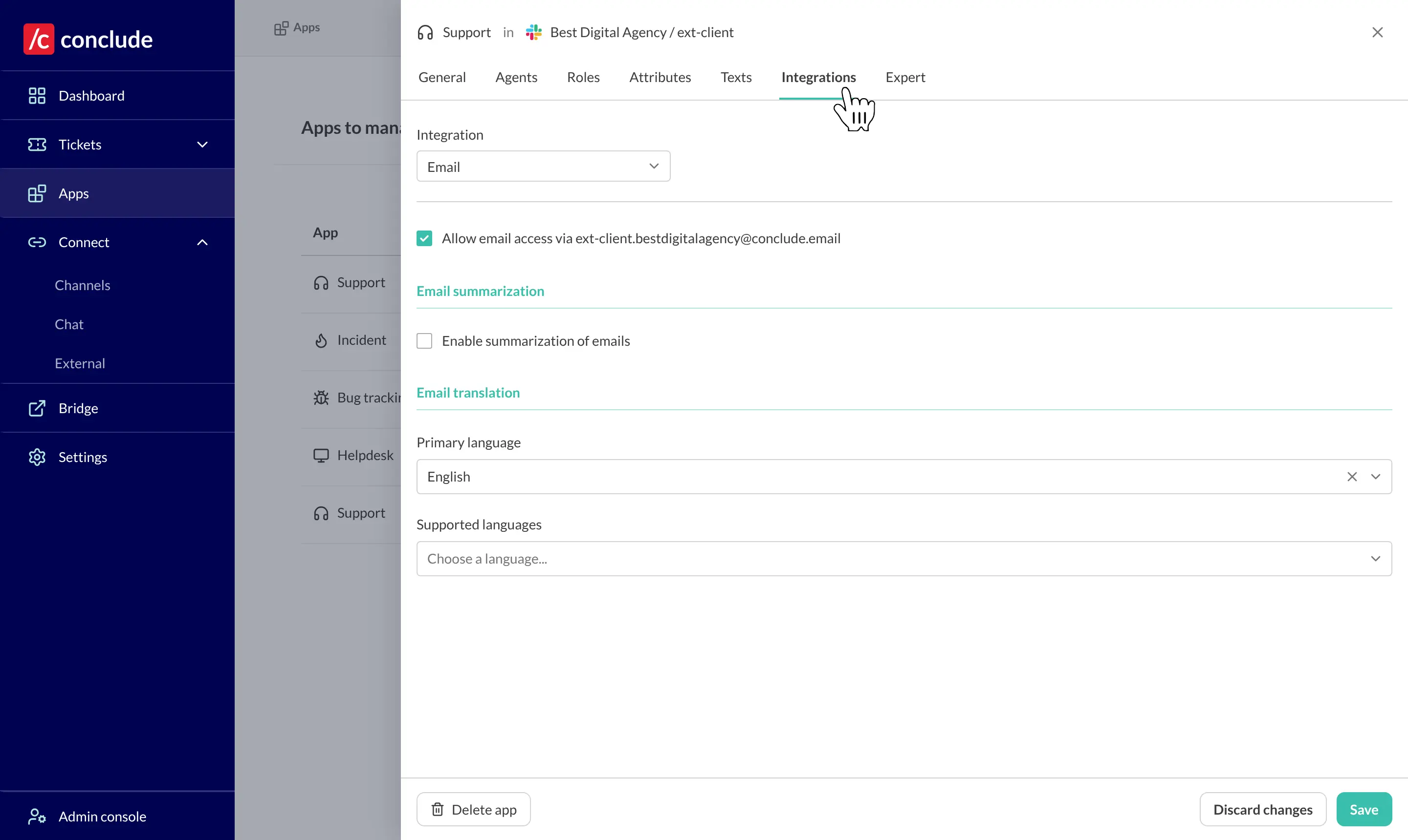 integrations tab in app settings with email access allowed for the support app