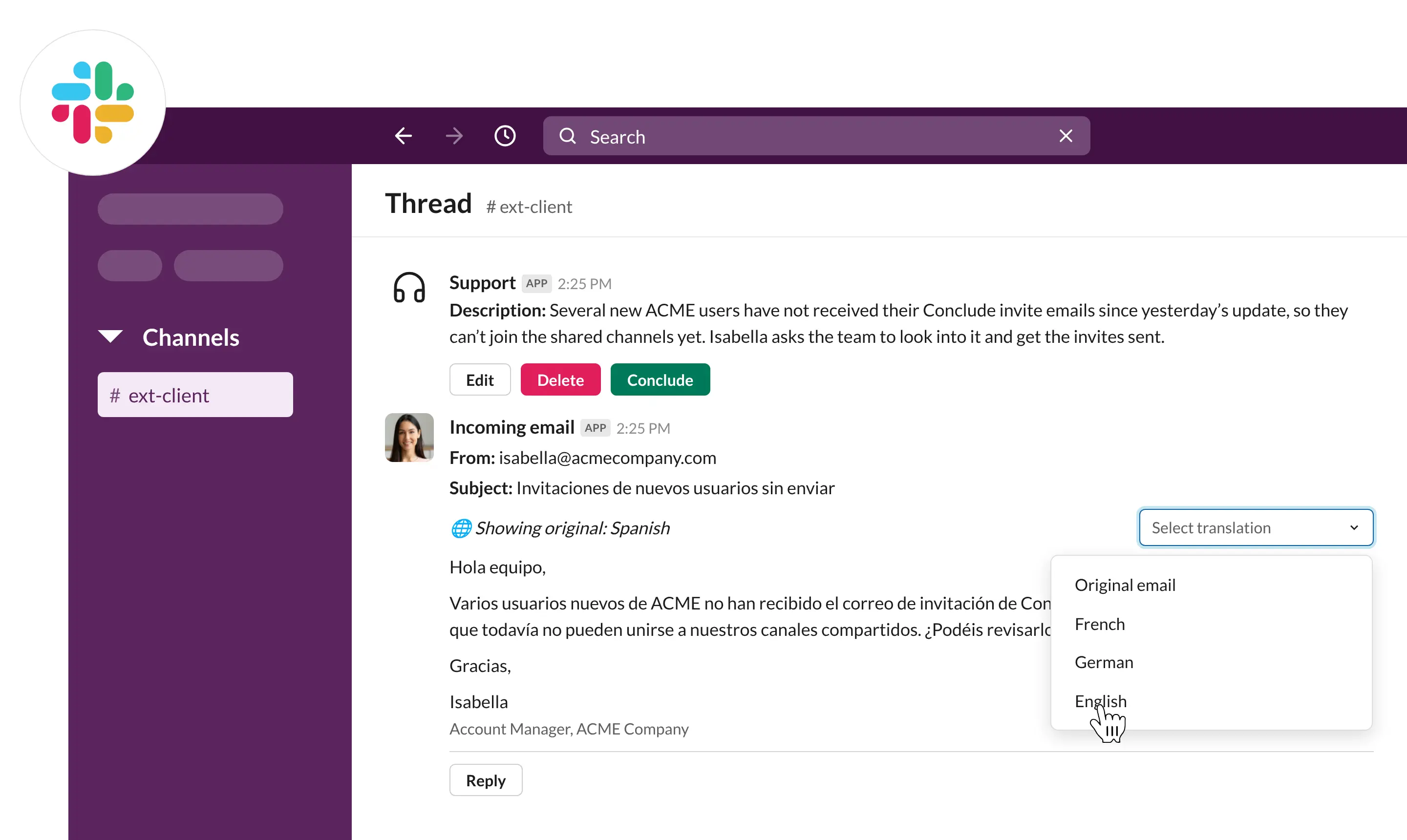 incoming spanish email in slack with the translation menu open