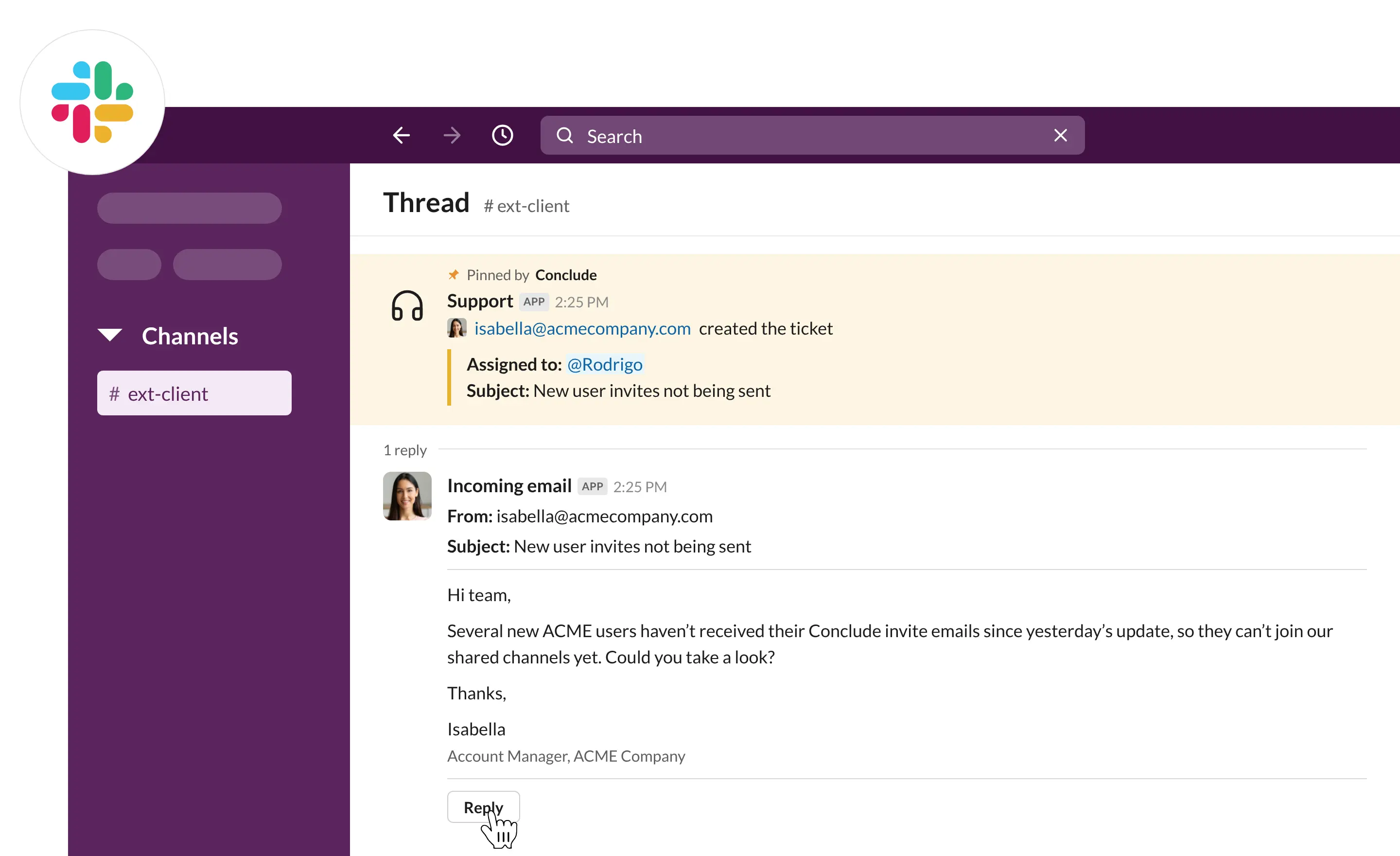 incoming email in a slack thread that created a support ticket