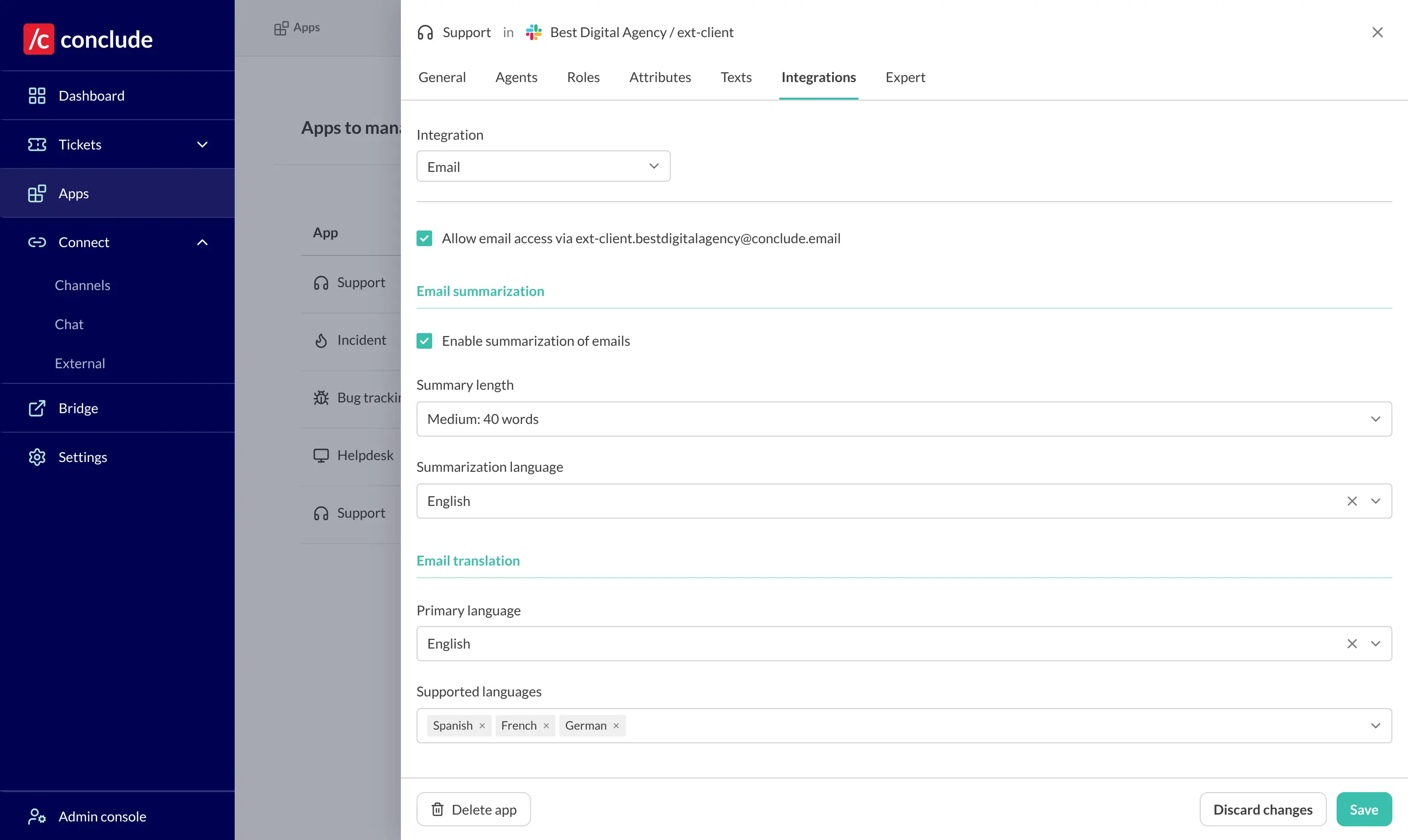 email settings with summarization turned on and supported translation languages chosen