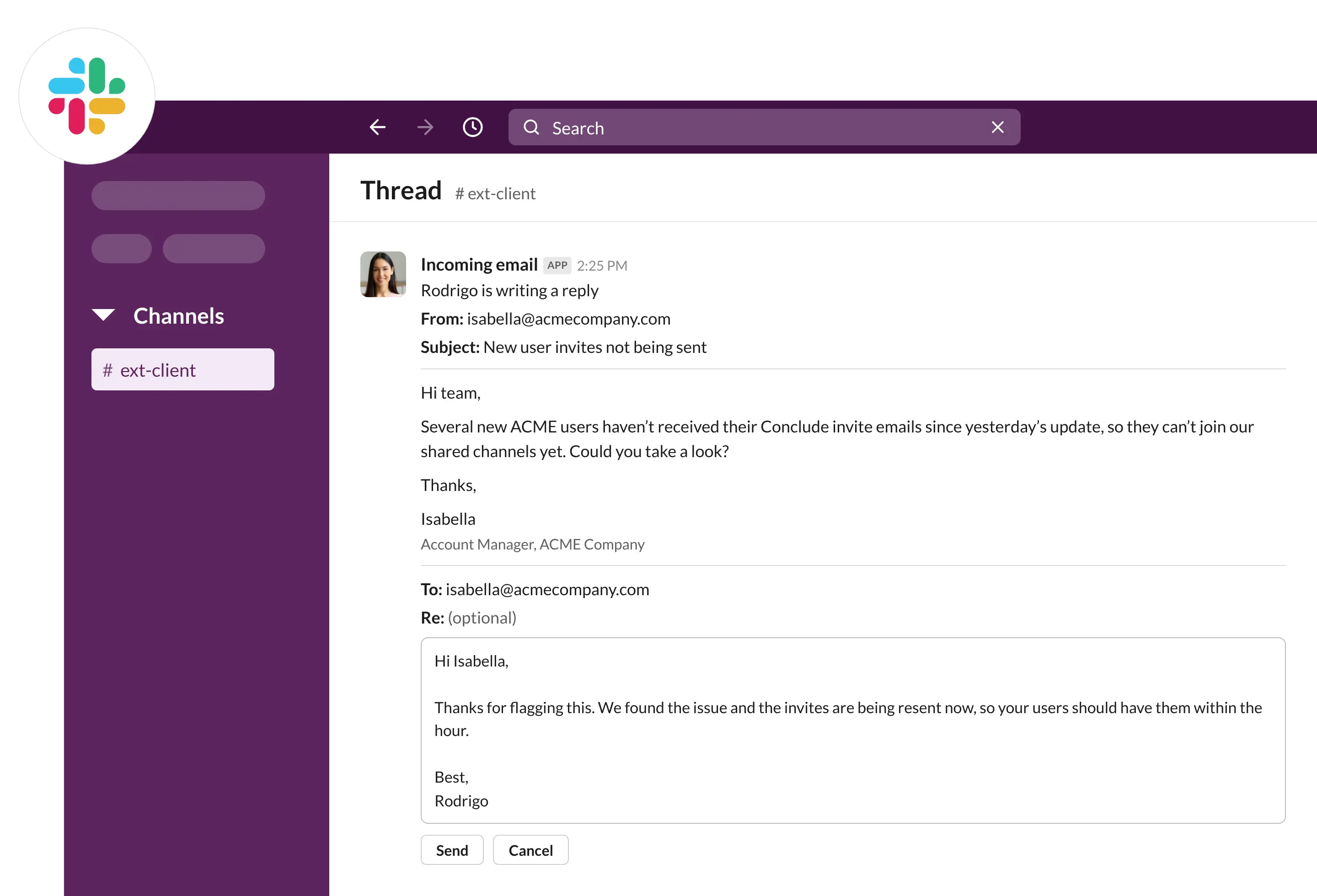 replying to the email from the slack thread without leaving slack