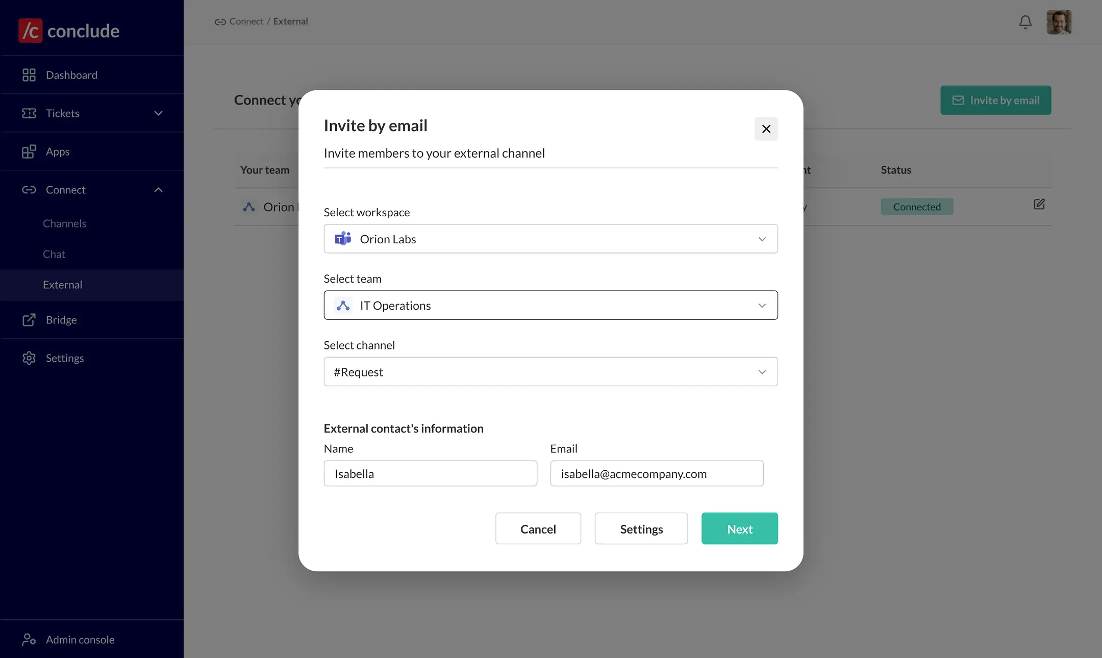 the inviting company creating a connection and sending an invitation