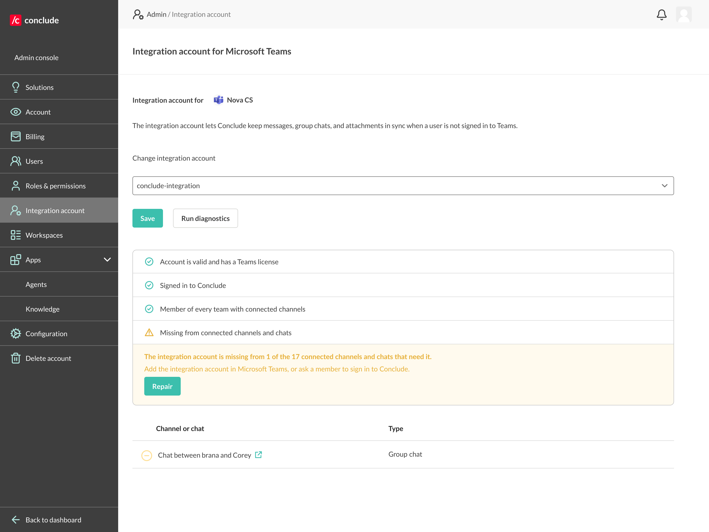 repair integration account