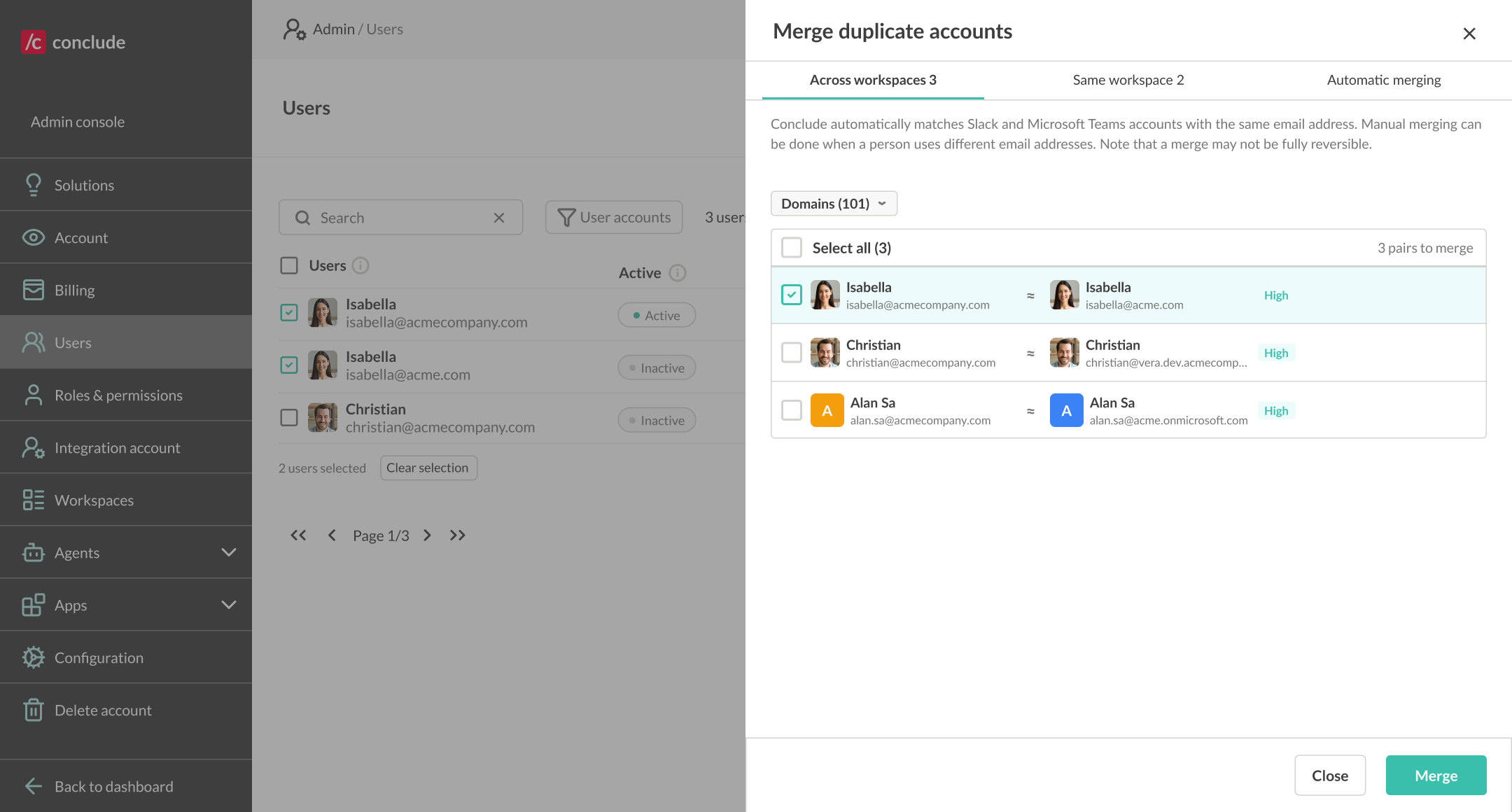 suggested duplicate pairs found across slack and teams workspaces