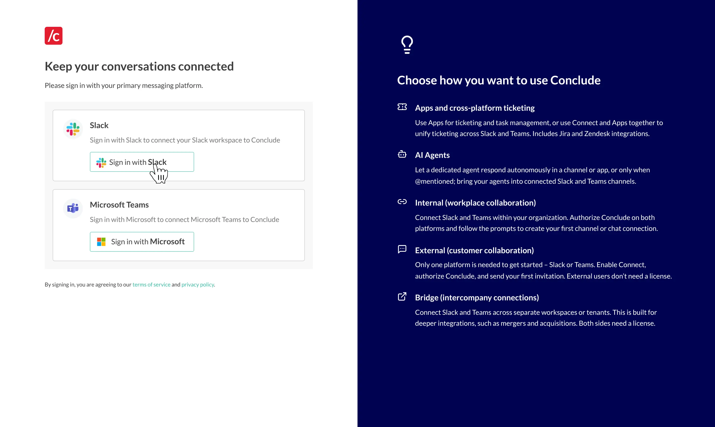 signing in and choosing slack or microsoft teams