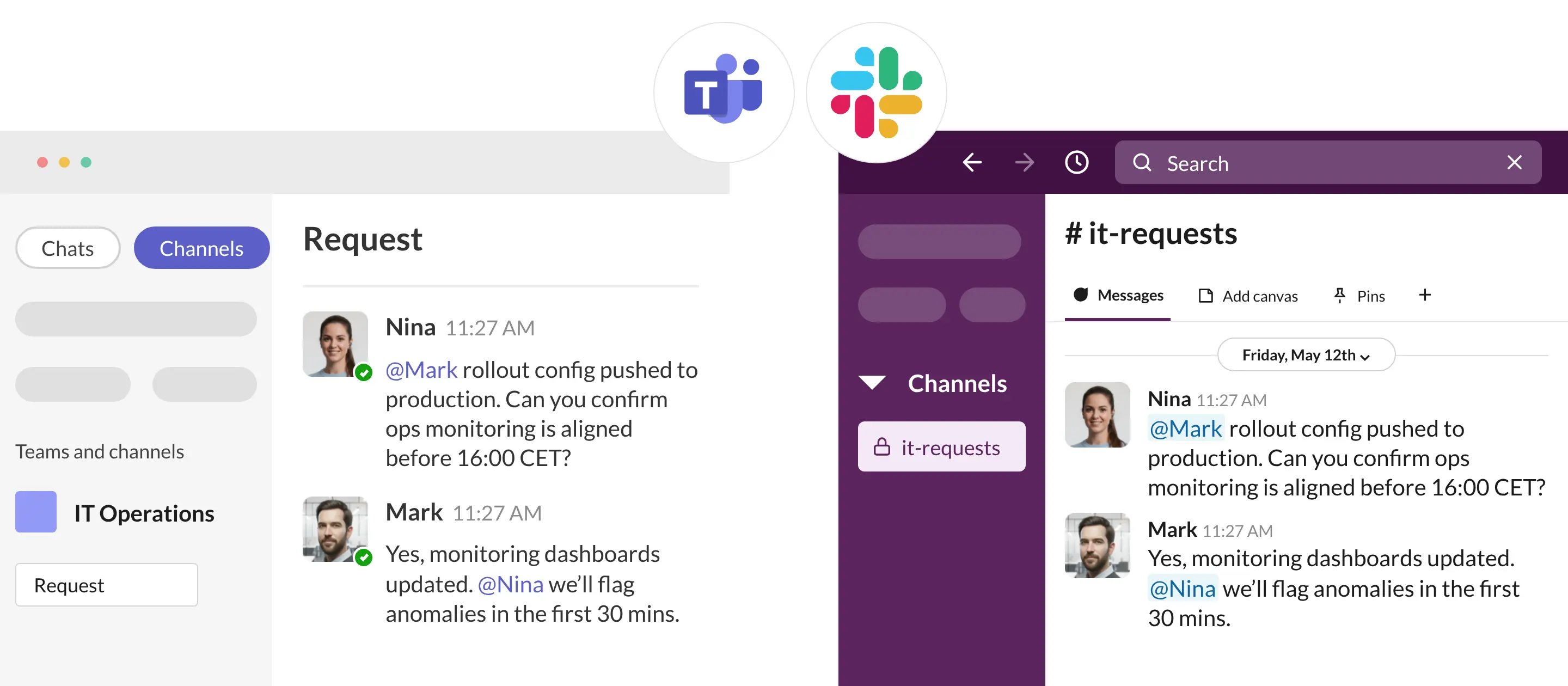 a conversation with mentions synced between microsoft teams and slack