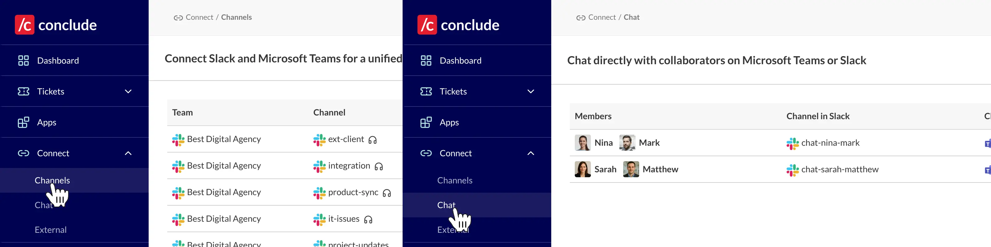the channels and chat pages in the dashboard listing what is connected
