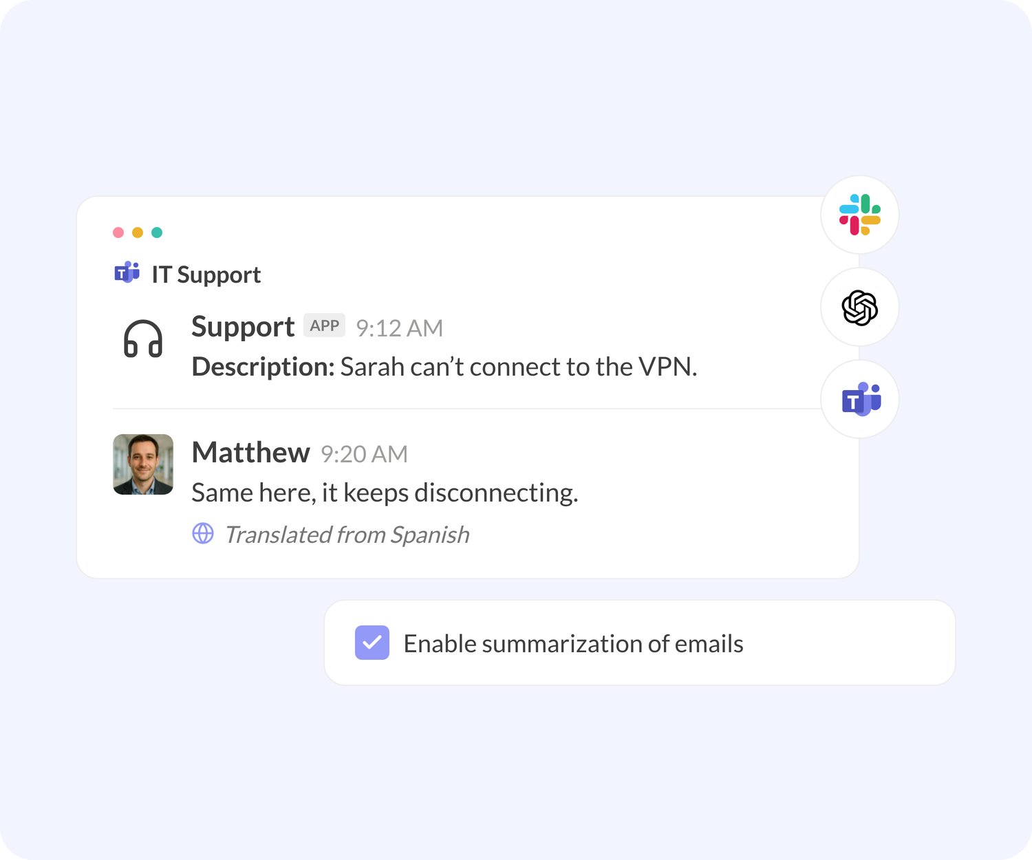 Optional AI features in Microsoft Teams: email summarization and message translation