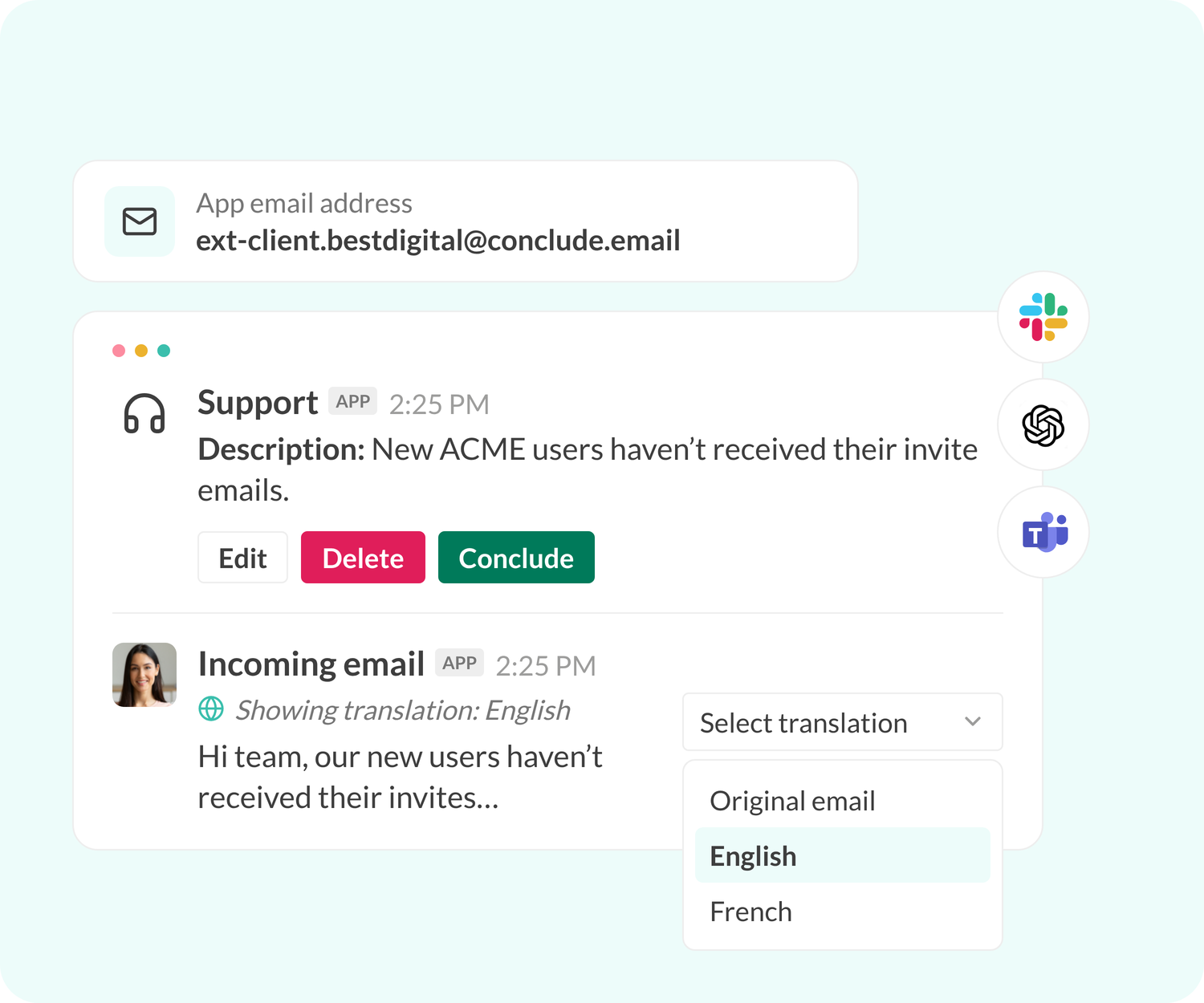 email to summarized ticket in slack and teams