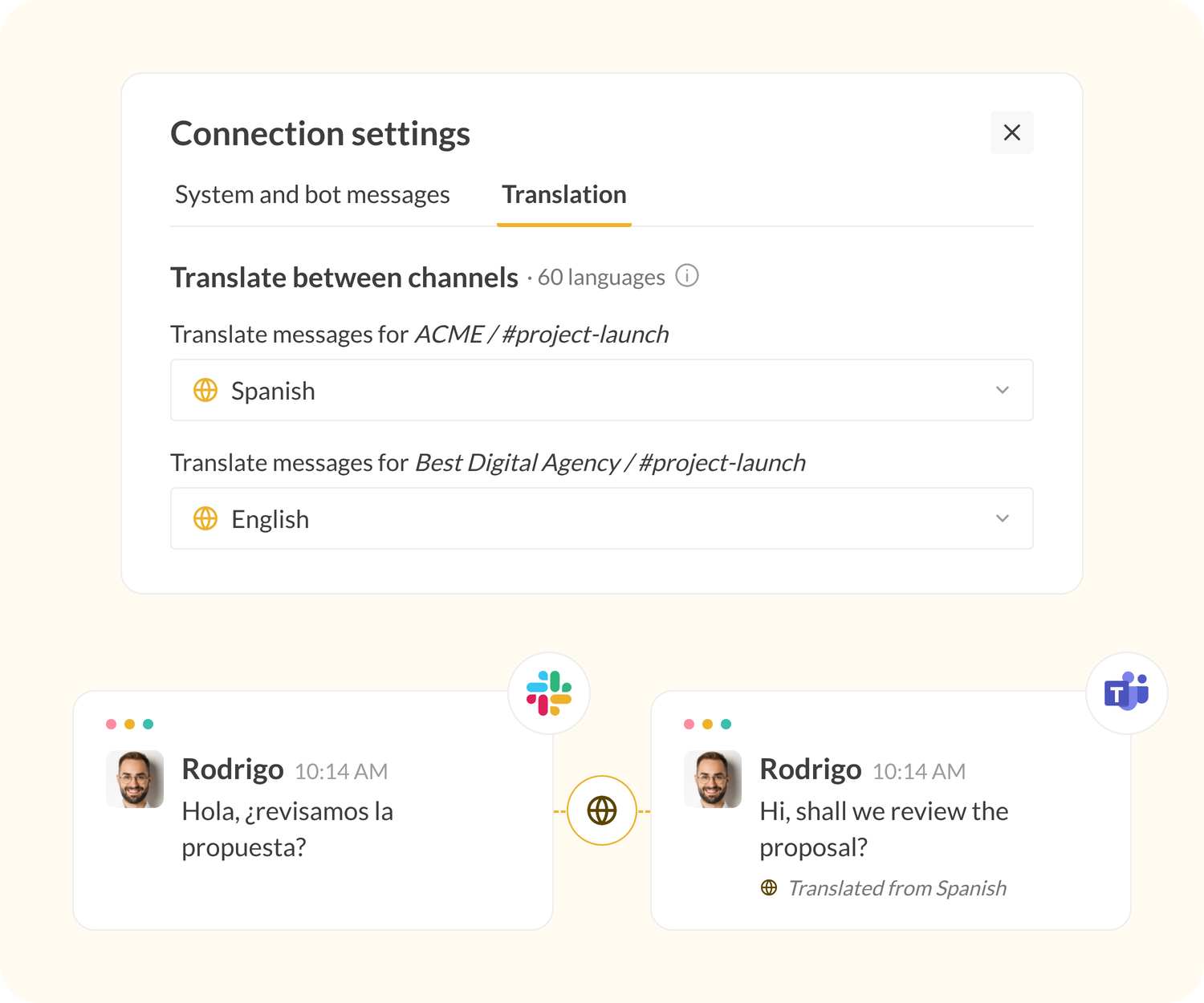 real-time translation between slack and teams