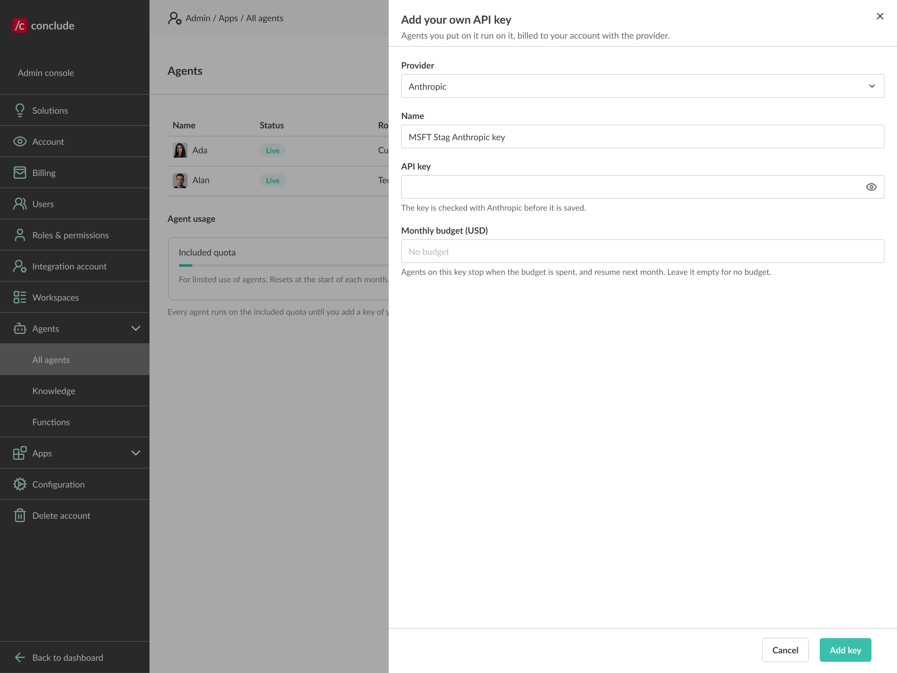switching agent usage from conclude keys to your own provider keys