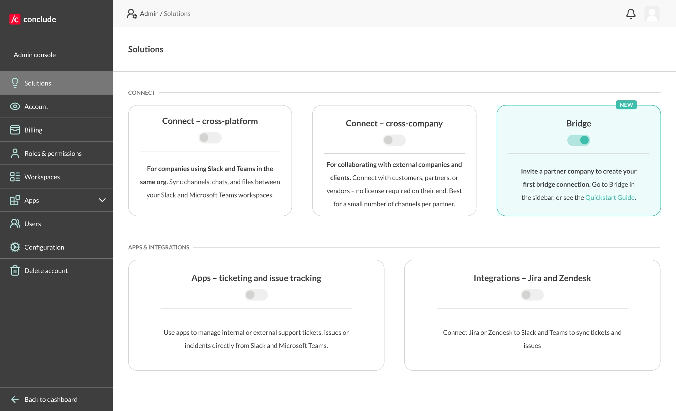 activate bridge in the solutions page