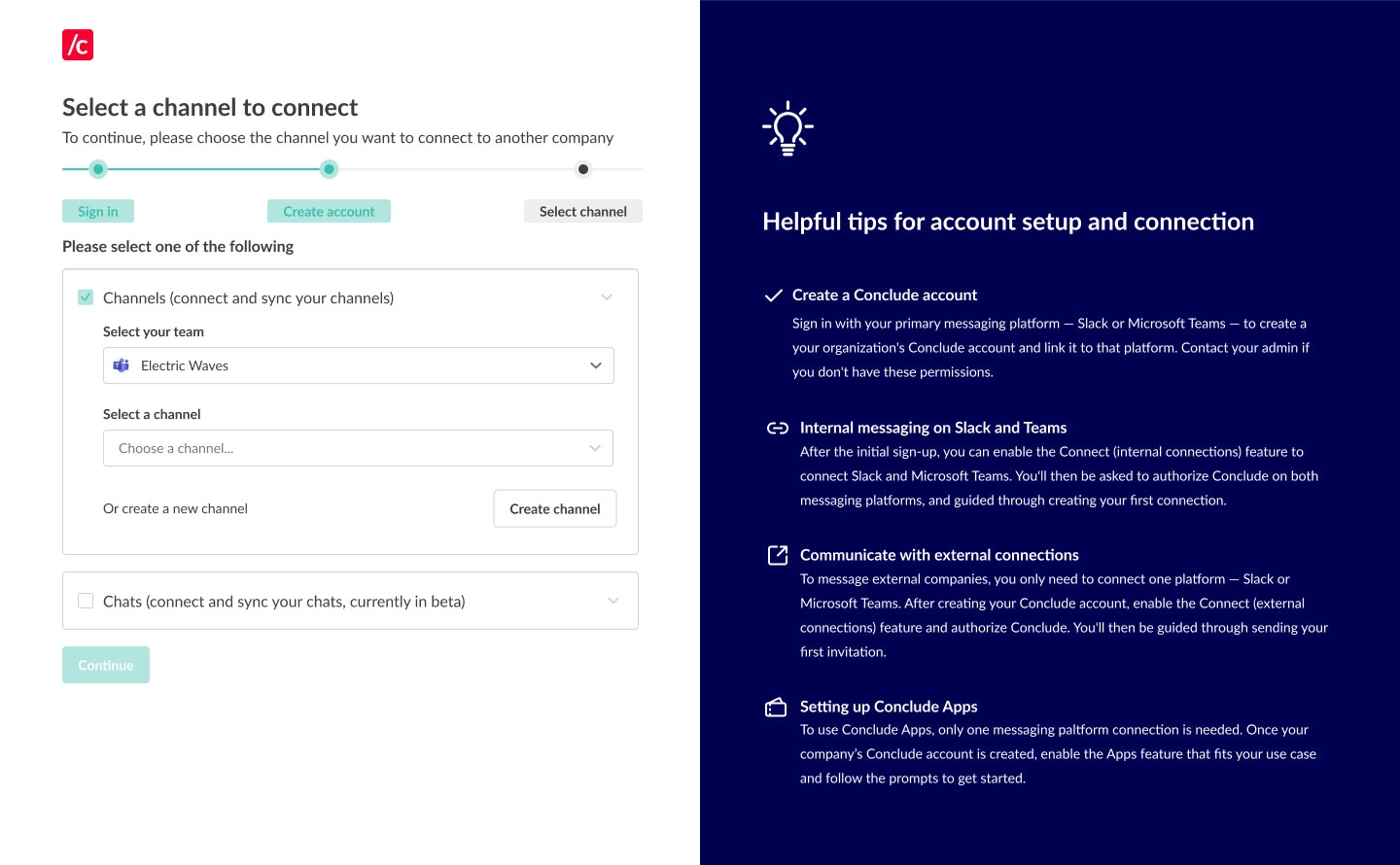 connect your channels or chats on slack and teams