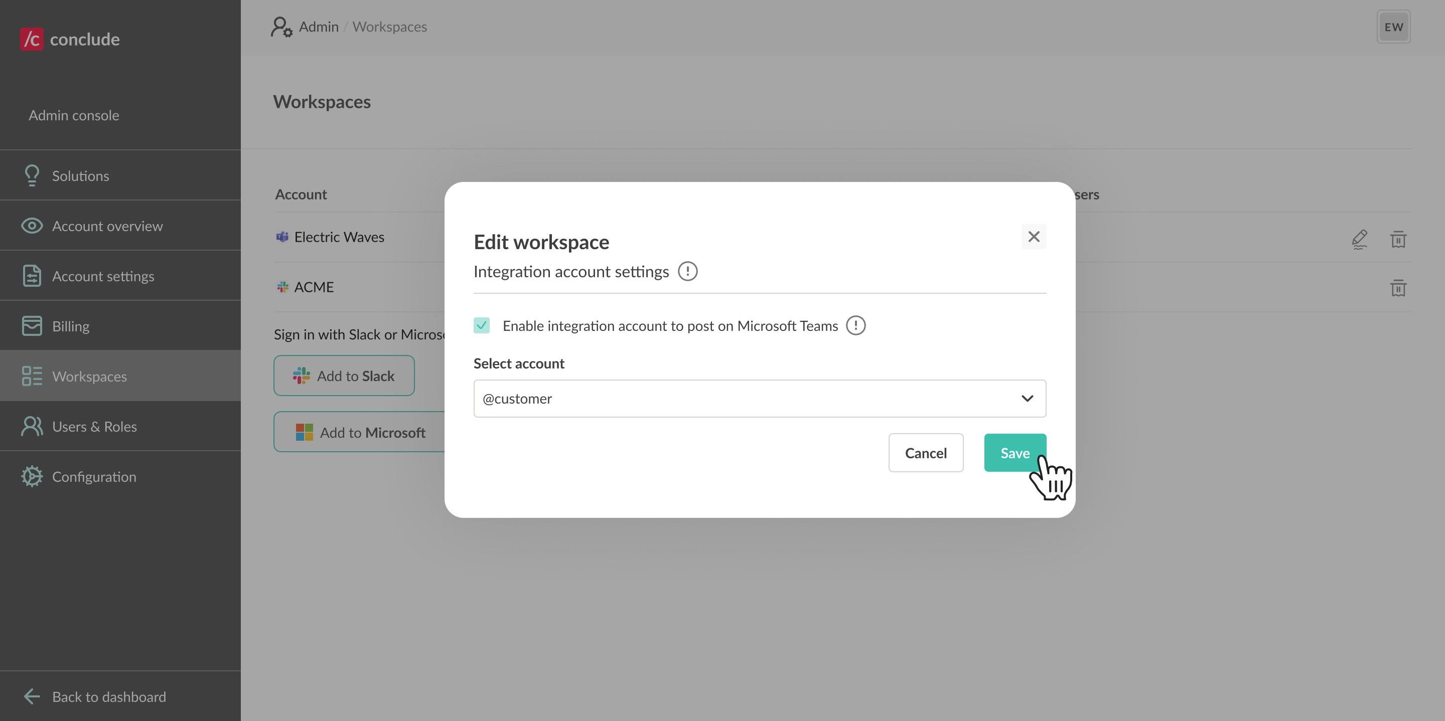 edit workspace slack and teams integration