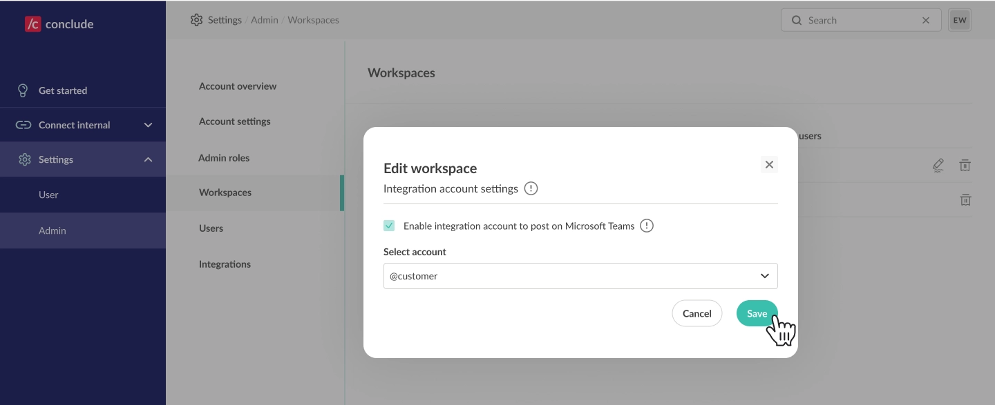 edit workspace slack and teams integration