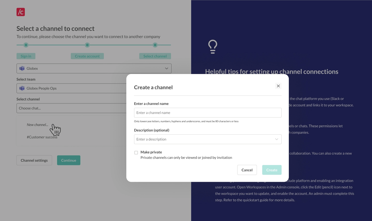 create or connect channels or chats