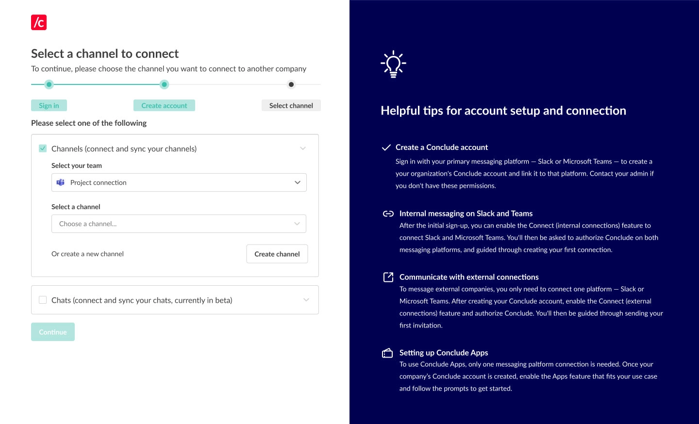 choose to connect either channels or chat