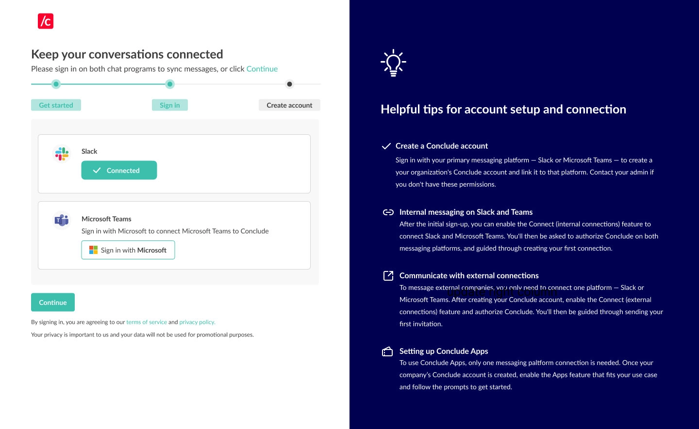signed in with slack to connect