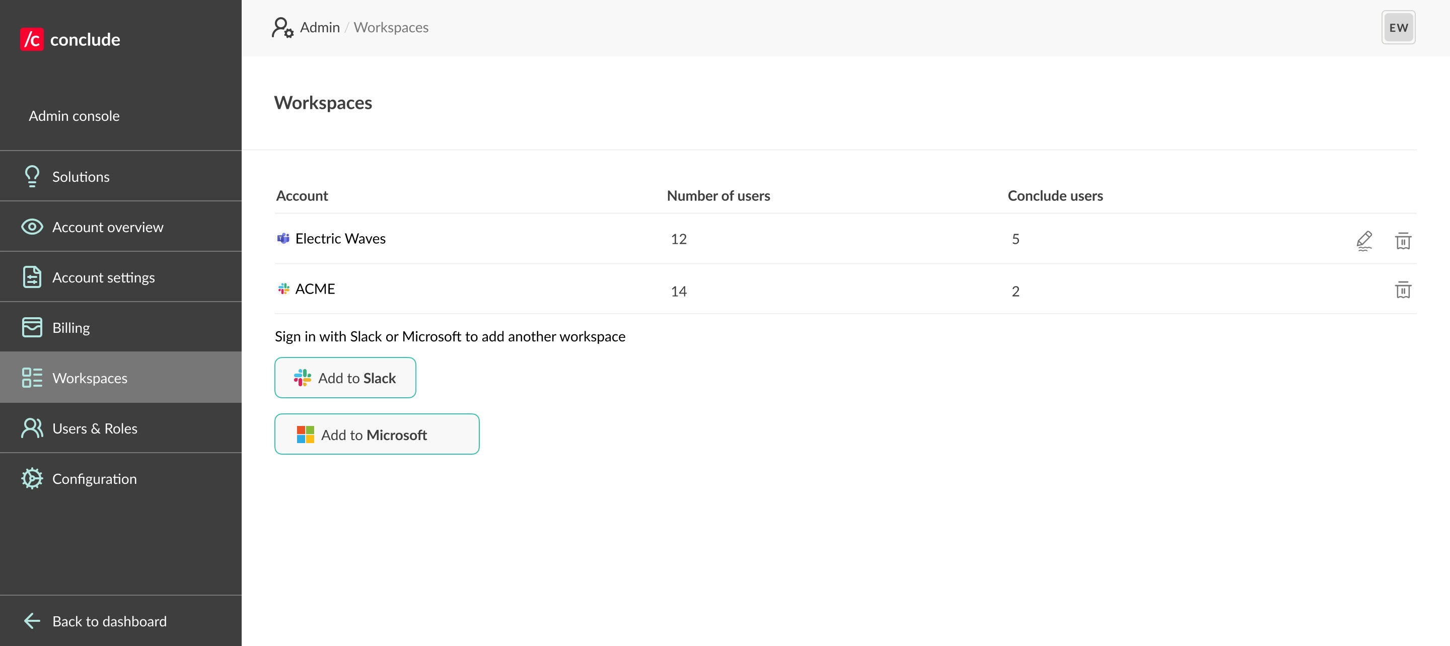 sign in with slack and microsoft to add another workspace