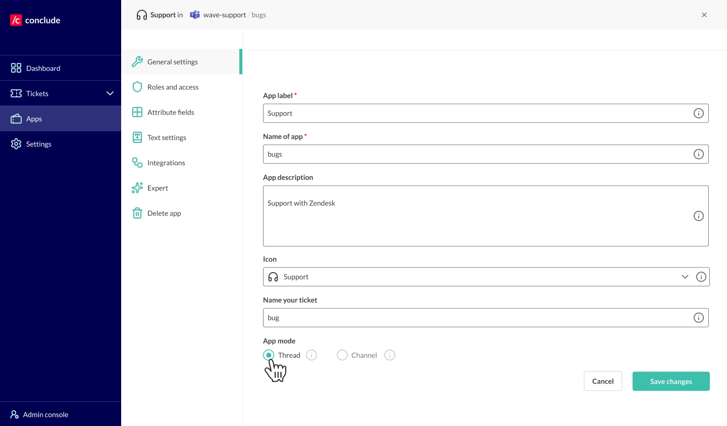 app settings conclude dashboard